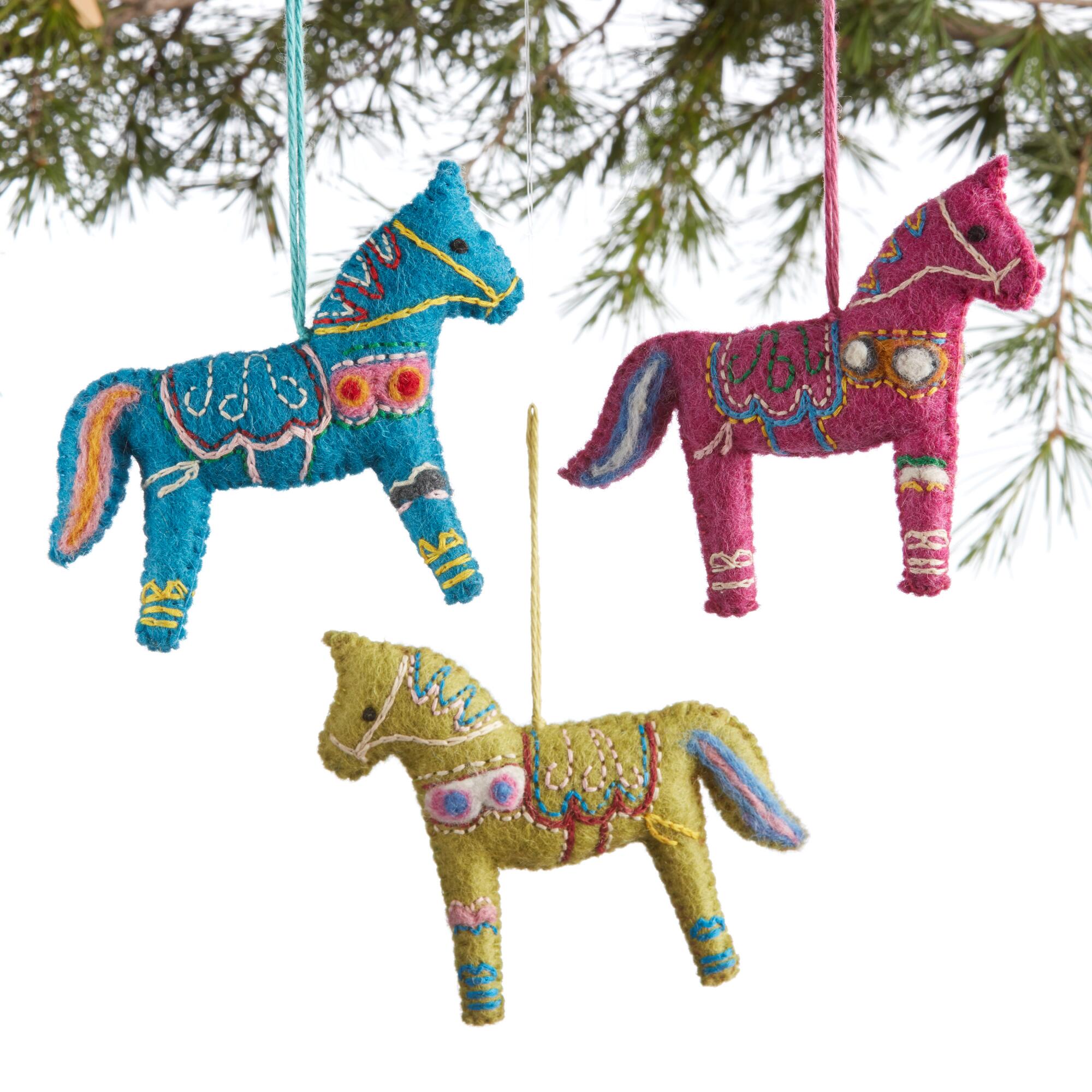 Felted Wool Embroidered Swedish Horse Ornaments Set of 3 by World Market