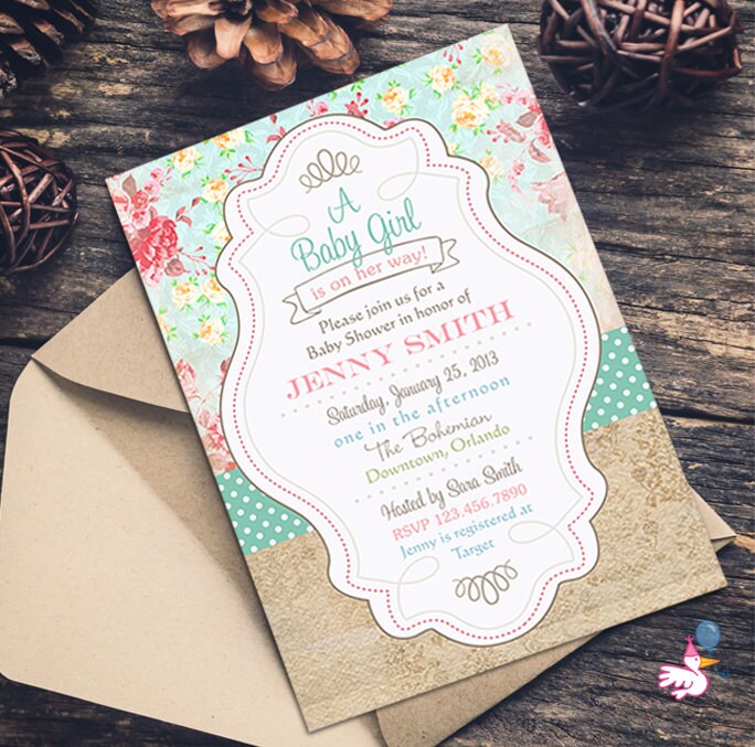 Floral Baby Shower Invitation, Shabby Chic Invitations, Vintage Rustic Invitation Printable