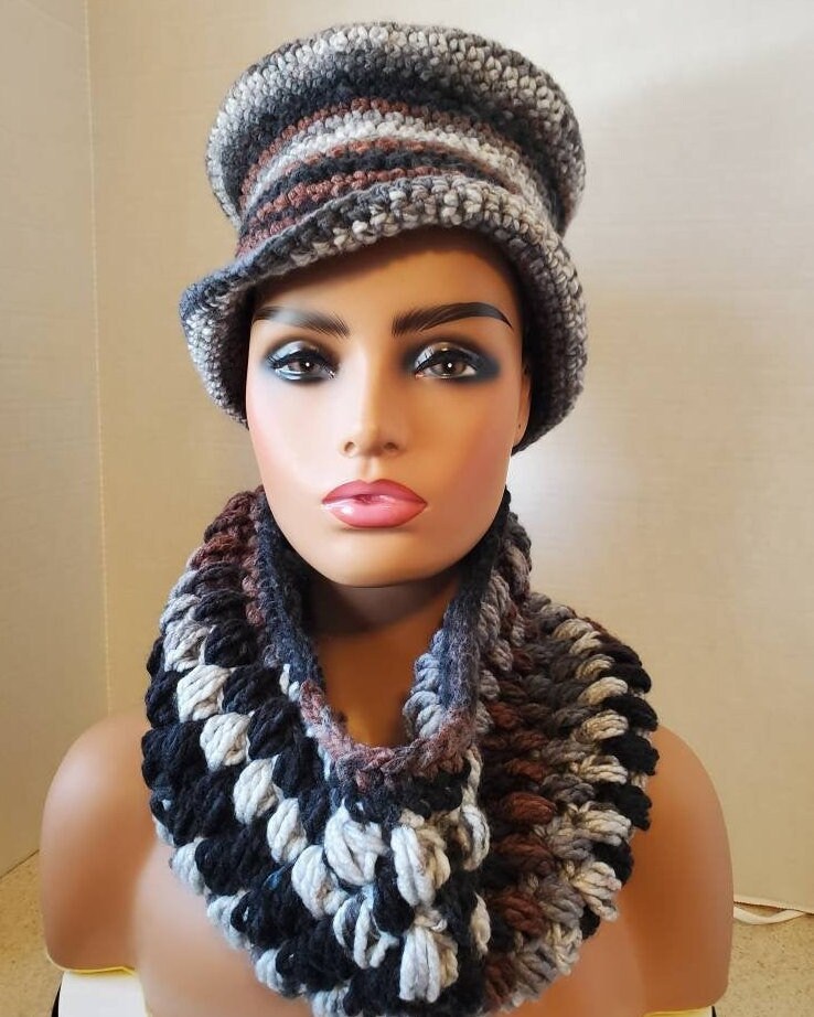 Gray Brown & Black Blend Hat Scarf Crocheted - Neckwarmer Scarf- Cowl- Matching Hat