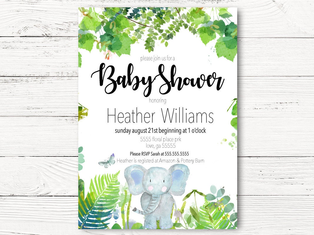 Baby Elephant Shower Invitation, Boy Invite, Jungle Watercolor Party, C068