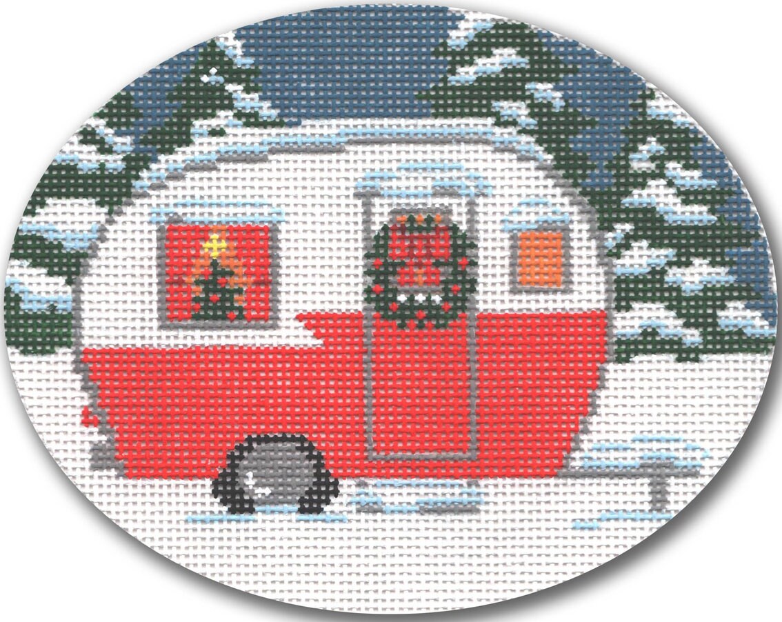 Needlepoint Handpainted Christmas Cbk Ornament Funky Trailer 5x4 -Free Us Shipping