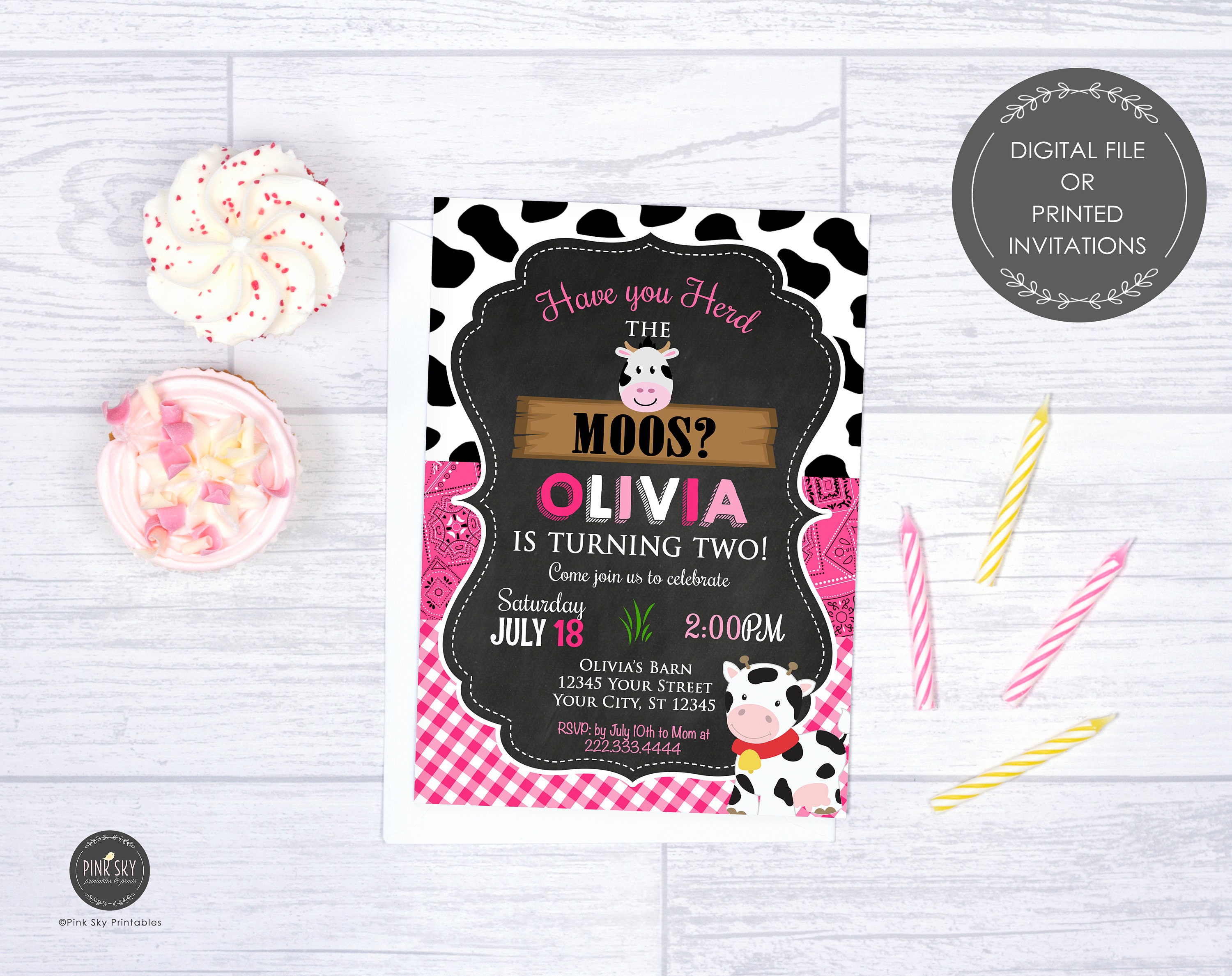 Cow Birthday Invitation, Digital File, Moo Pink Gingham, Bandana, Print, Little Cow, Chalkboard, Printable Or Printed