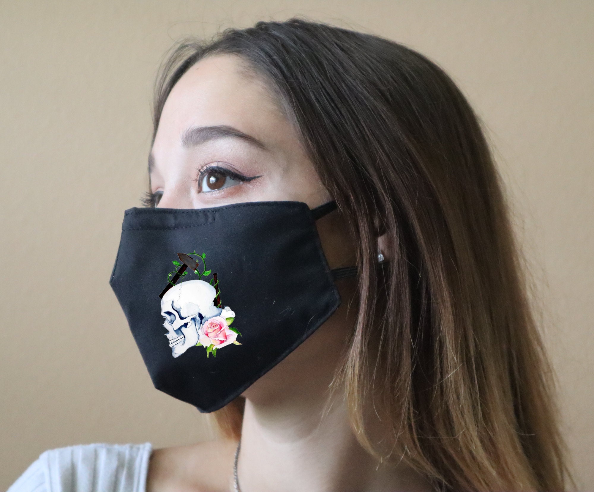 Handmade Cotton Blend Customizable Face Masks With Adjustable Ear Loops - Skull & Rose
