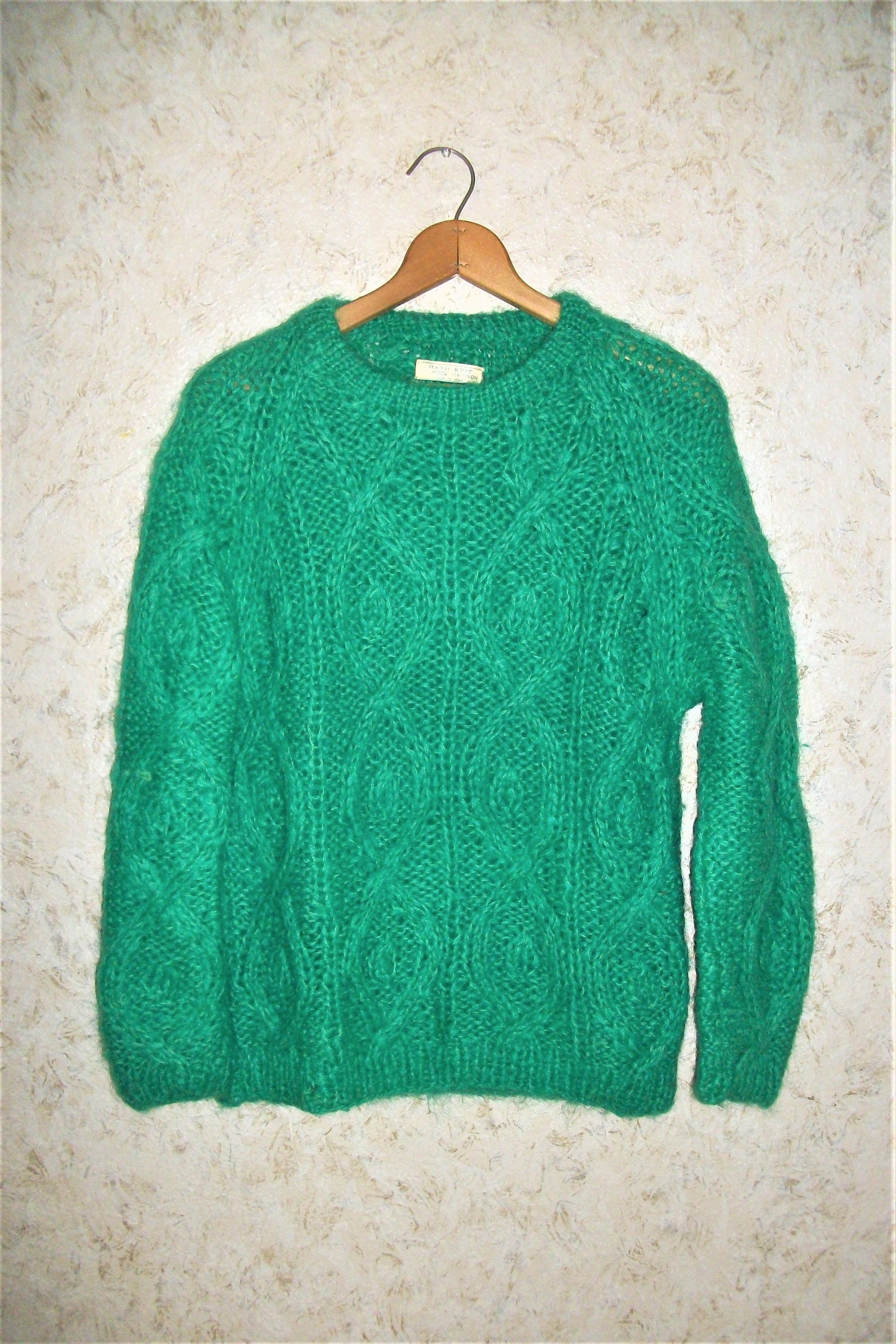 70S Wool Blend Green Chunky Knit Sweater Made in Italy Crew Neck Boho Grunge Emerald Winter Warm Pullover Womens Medium