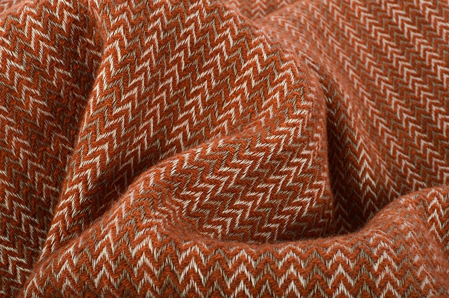 Softened Linen Wool Blend Fabric, Herringbone Pattern, Orange Beige Wool, 250 Gsm, Washed Fabric By The Yard, Meter