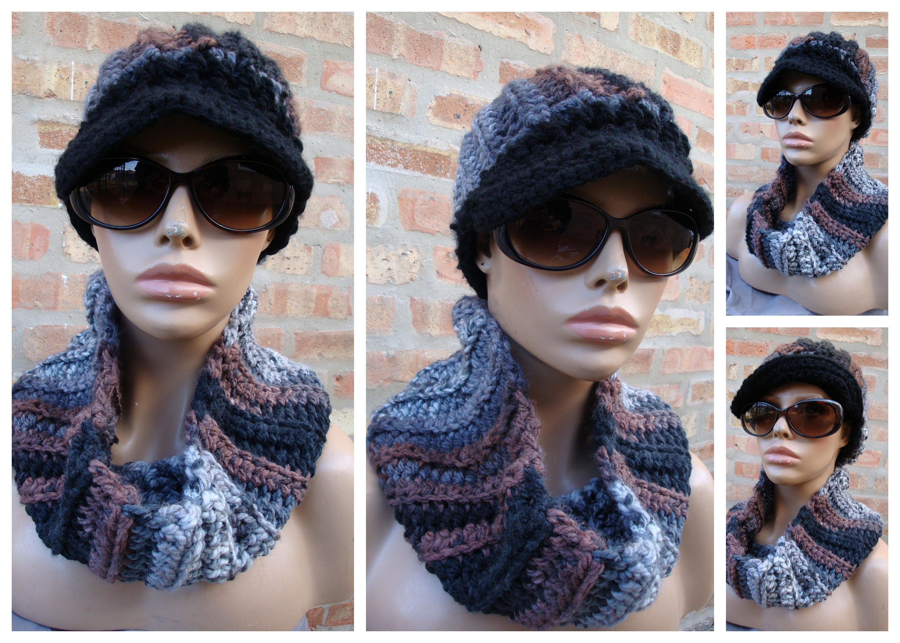 Crochet Hat Set Black/Grey/Brown Blend & Neckwarmer Set - Cowl, Cap, Hat Handmade Cap Scarf Custom Colors