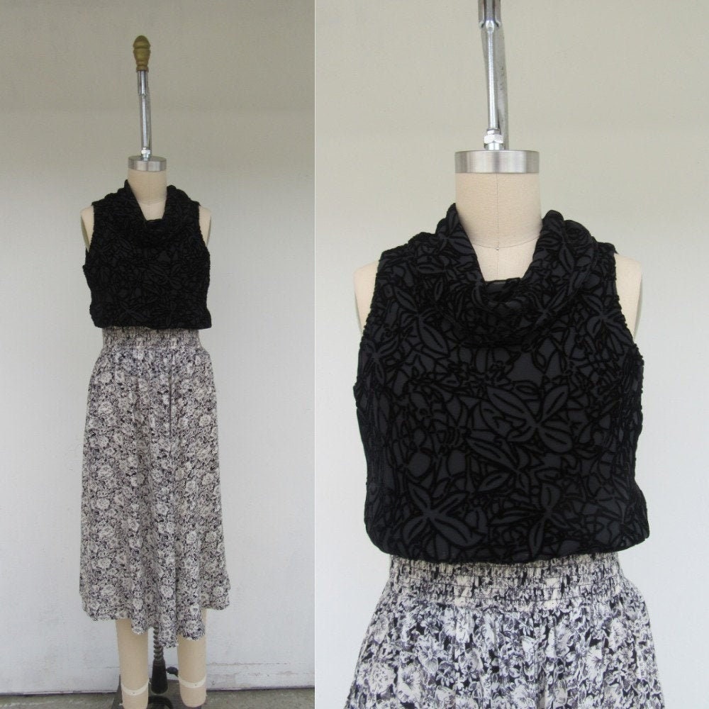 90S Black Silk Blend Velvet Burnout Floral Sleeveless Roll Neck Blouse Shirt | Cowl Turtleneck Top S