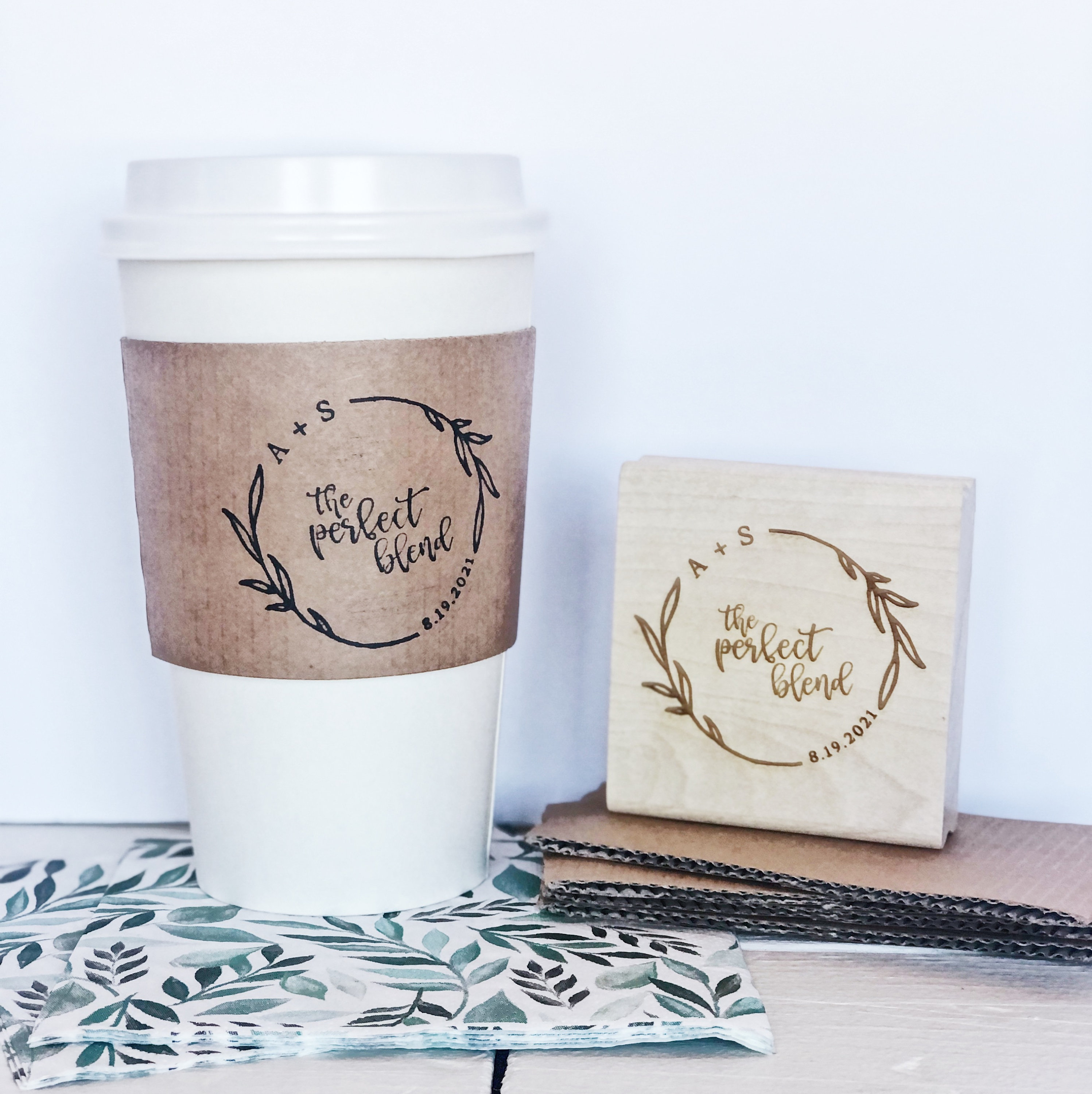The Perfect Blend. Cup Sleeve Stamp. Custom Coffee Sleeves. To Go Cup Wedding Couple Bridal Shower