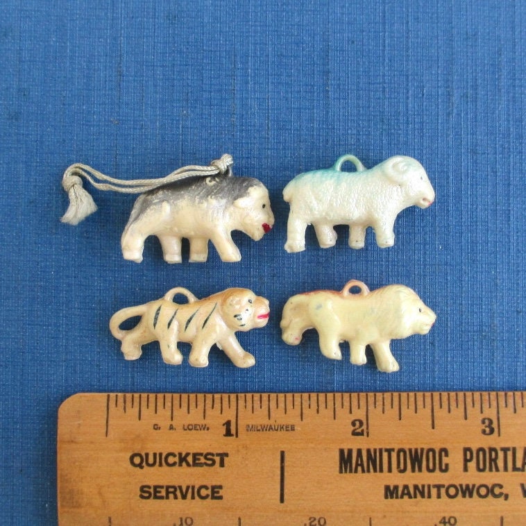 4 Puffy Celluloid Animal Charms/Pendants - Vintage 3D with Surface Coloring Tiger, Lion, Ram & Buffalo