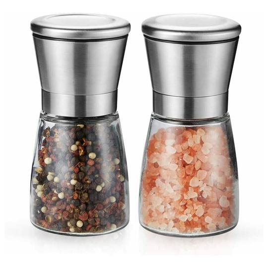 Salt And Pepper Grinder Set With Stand Stainless Steel&Glass