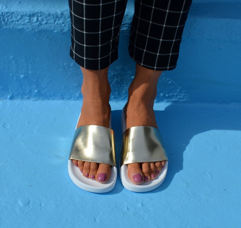 Beach Flip Flops, Gold Sandals, Slippers Leather Slides, Flip Flops, Platform Sliders, Pool Slides "'rhodes''