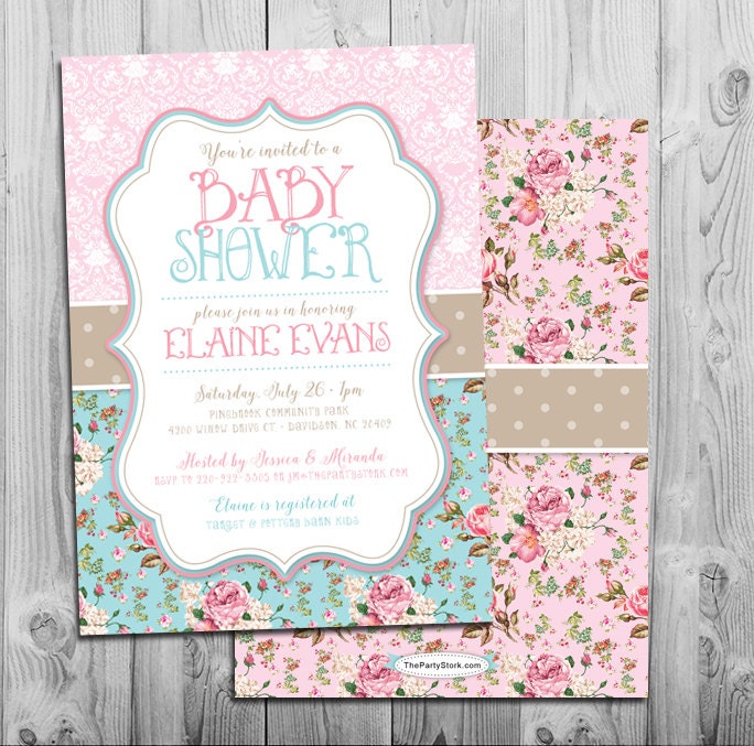 Shabby Chic Baby Shower Invite, Floral, Digital, Gender Neutral Printable Baby Shower Invitations For Boy Or Girl, Sprinkle, Pink Blue