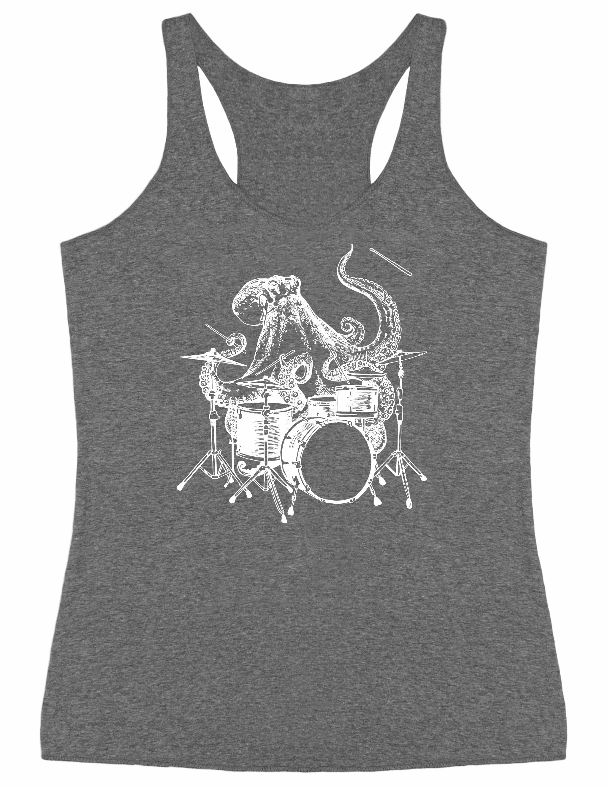 Octopus Playing Drums Women Tri-Blend Vintage Grey Tank Top Gift For Her, Girlfriend Birtday, Drummer Wife Beach Mom Gifts Seembo