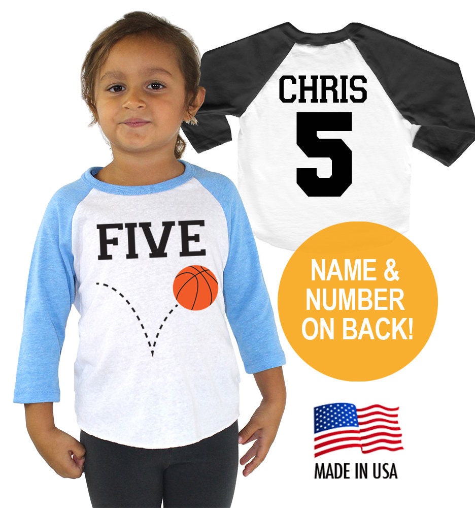 5Th Birthday Basketball 5 Five Tri-Blend Raglan Baseball Shirt - Personalized Name & Number On Back Toddler Sizes Twins