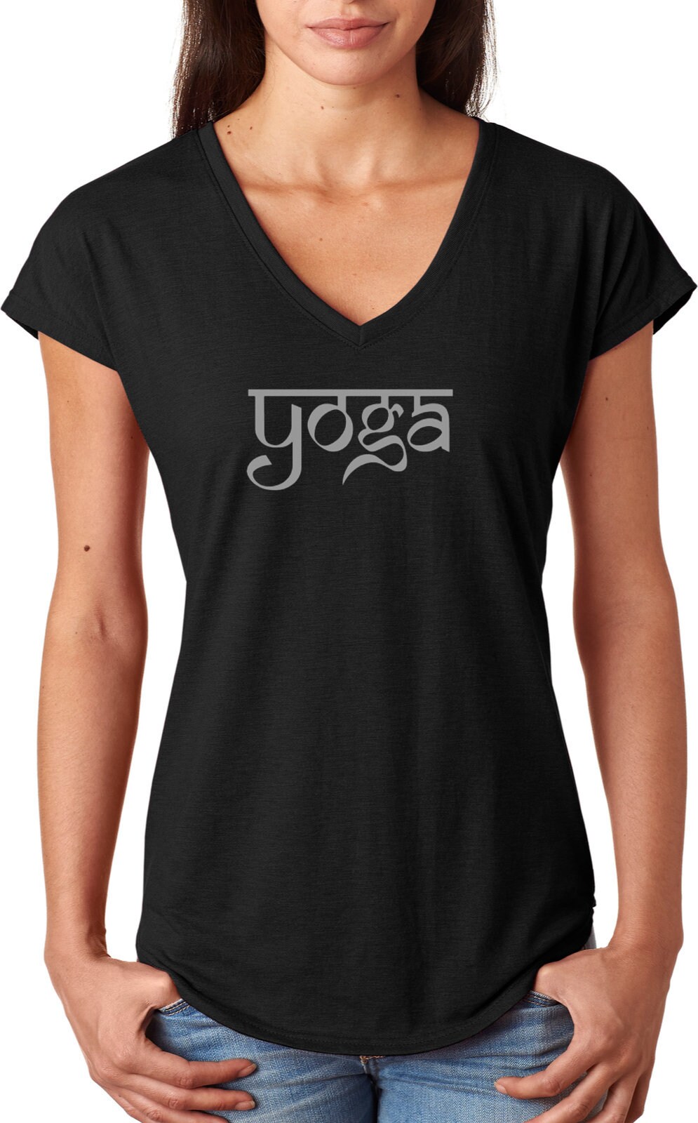 Sanskrit Yoga Text Ladies Tri Blend V-Neck Tee Shirt = Sanskrit-6750Vl