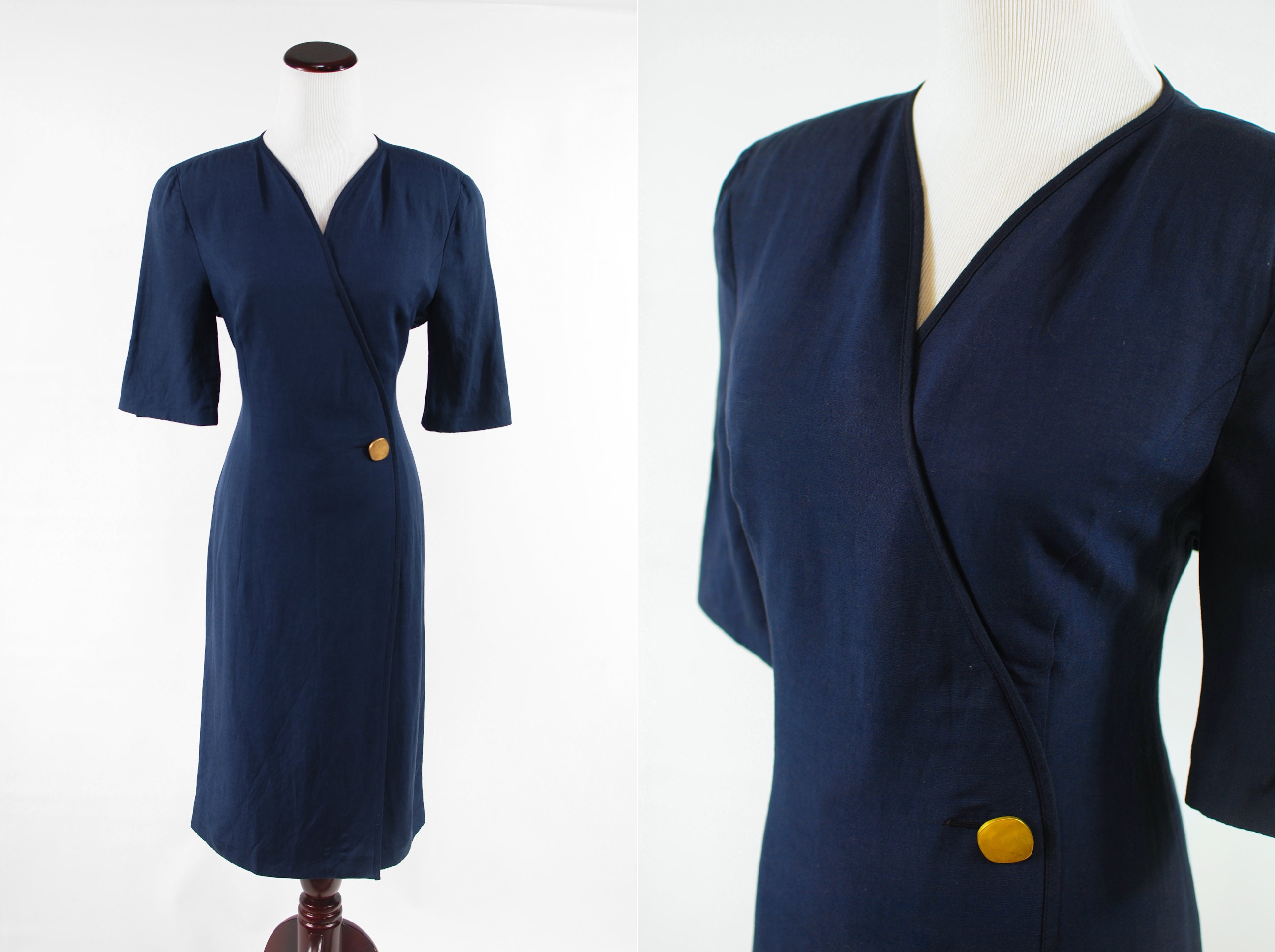 1980's "Louis Feraud' Navy Linen-Blend Half-Sleeve Wrap Dress