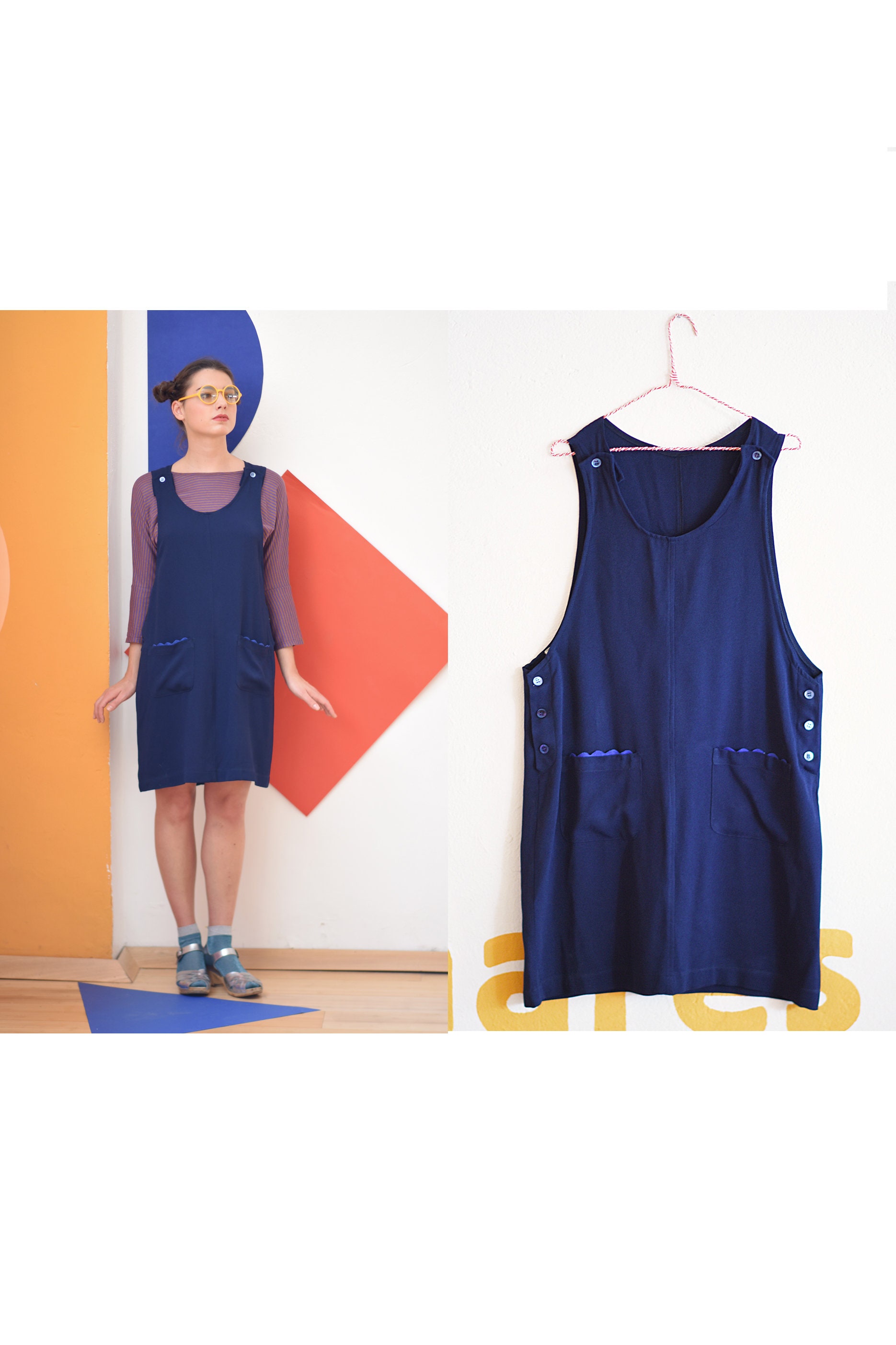 Handmade Vintage Fabric Blend Of Wool Dark Blue Pinafore, Jumper Dungaree [Lucy Pinafore/Dark Blue]Small, Medium, Large