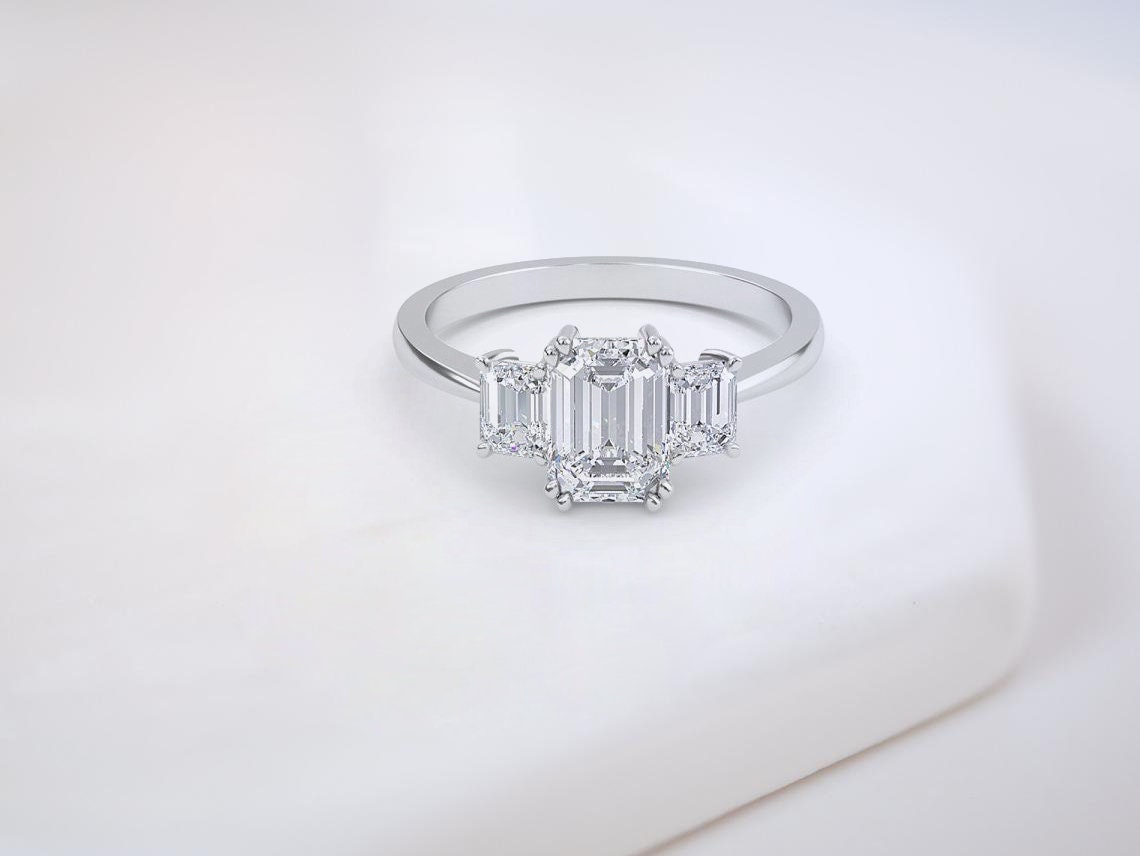 Three Stone Moissanite Engagement Ring, Emerald Cut Color Moissanite, 925 Sterling Silver, Stacking Matching Promise Ring For Her