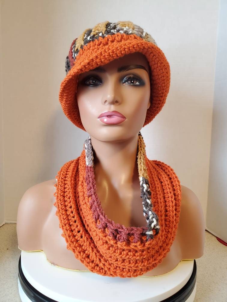 Orange Blend Hat & Cowl - Crochet Hat Set Orang
