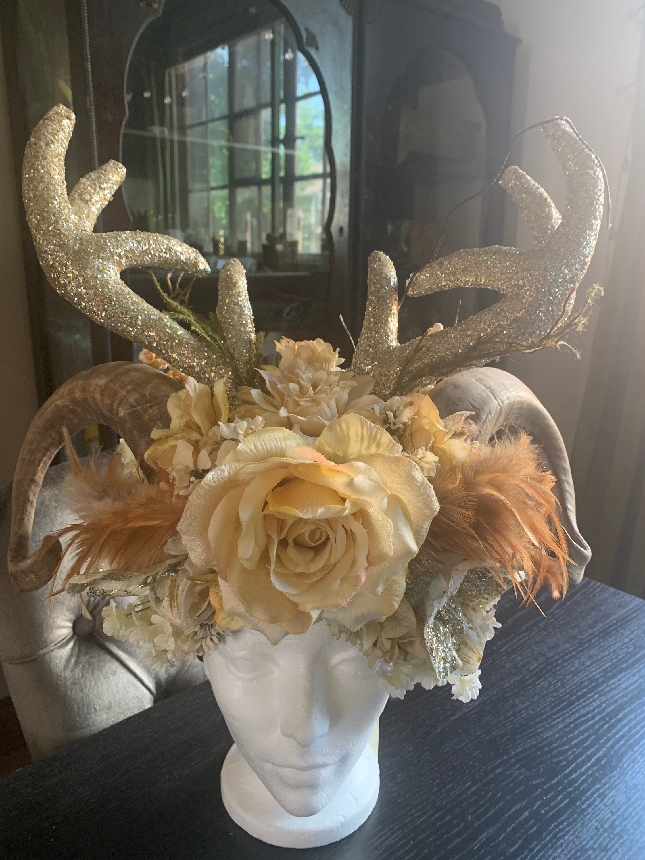One Of A Kind - Rams Horn & Antler Floral Feather Goddess Headpiece Costume