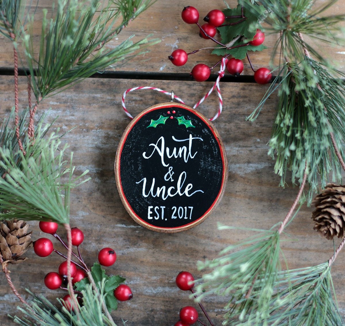 Personalized Aunt & Uncle Ornament | Pregnancy Announcement Gift Hand Painted Wood Slice