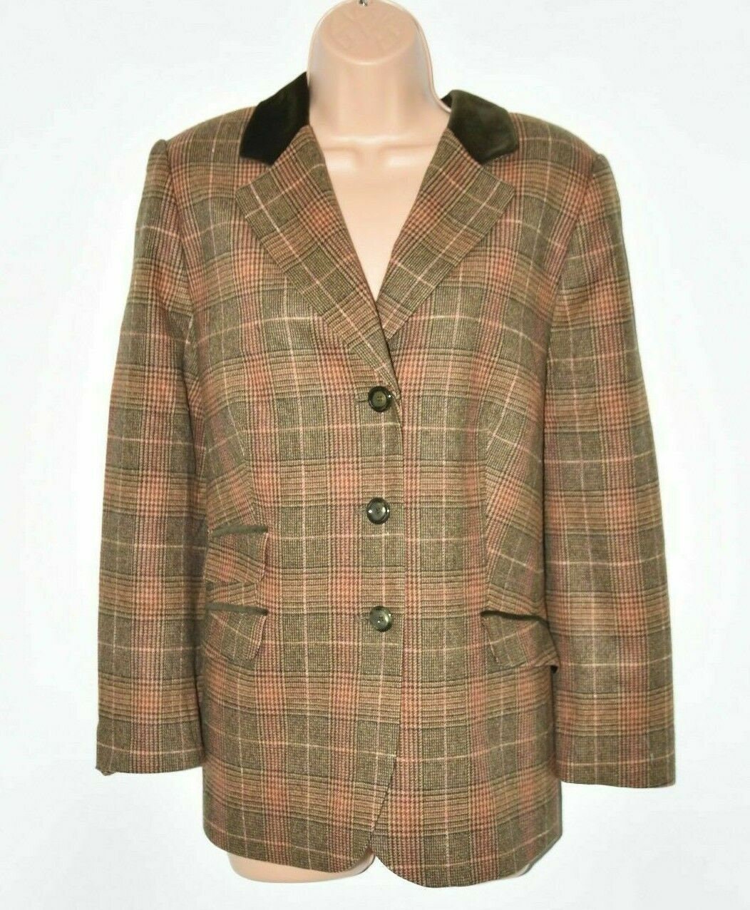 Women's Vintage Brown Check Wool Blend Blazer Jacket Uk14