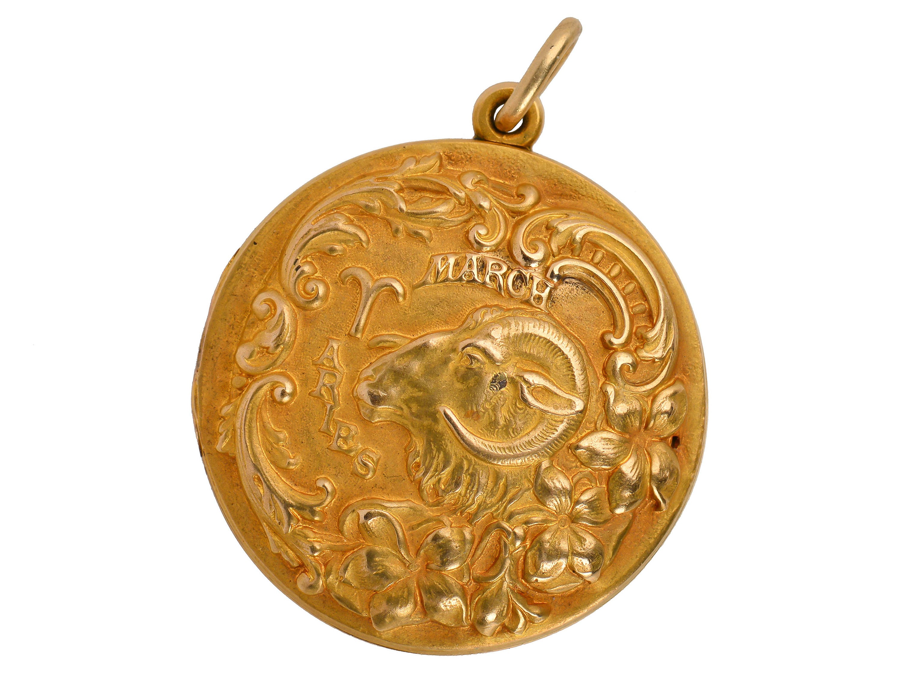 Sloan & Co. Antique Aries Zodiac Locket 14K Gold Edwardian Vintage Estate Real Authentic Signed Scarce Ram Astrology Round | 19460