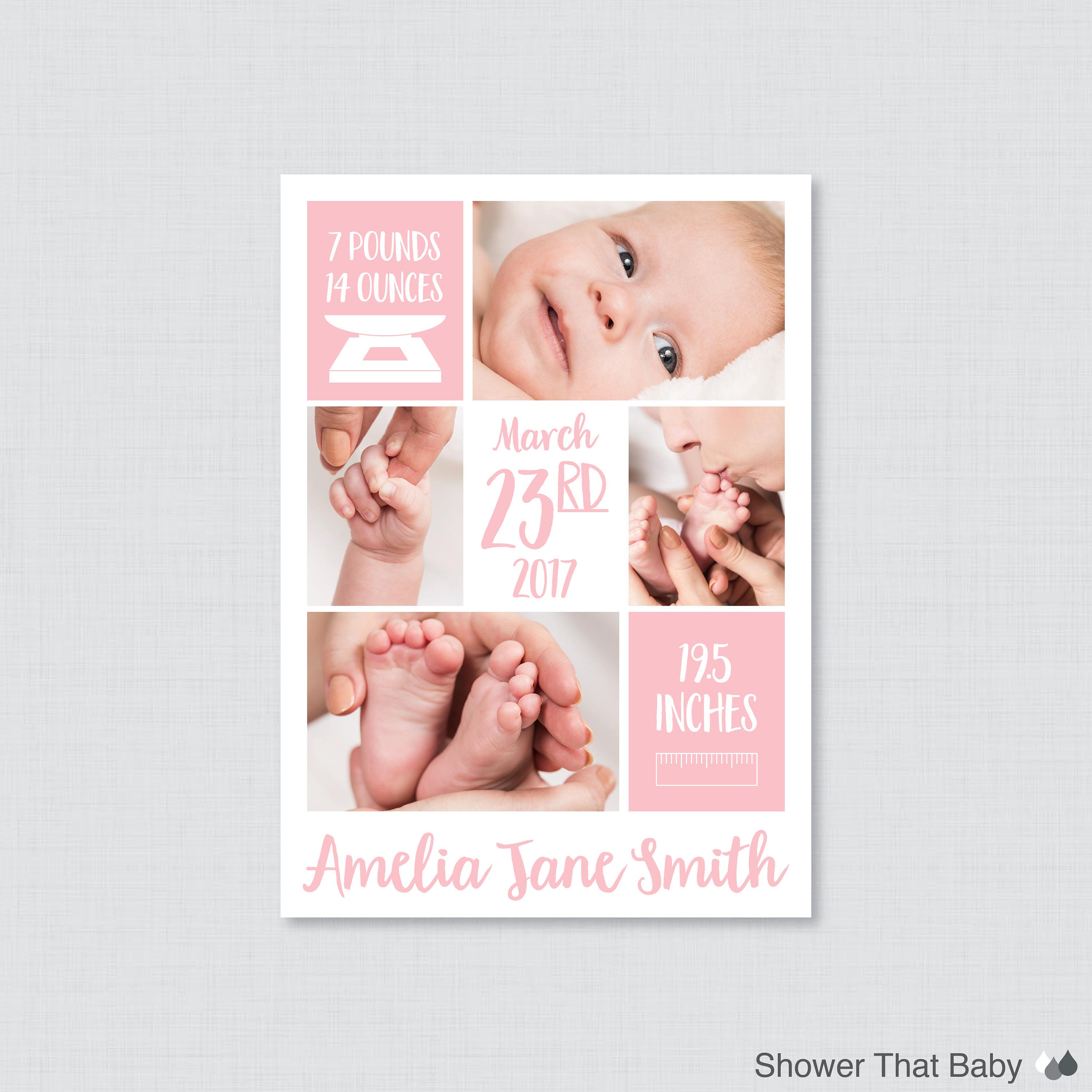 Printable Or Printed Pink Photo Birth Announcement Cards - Collage Announcements, Baby Girl Ba11