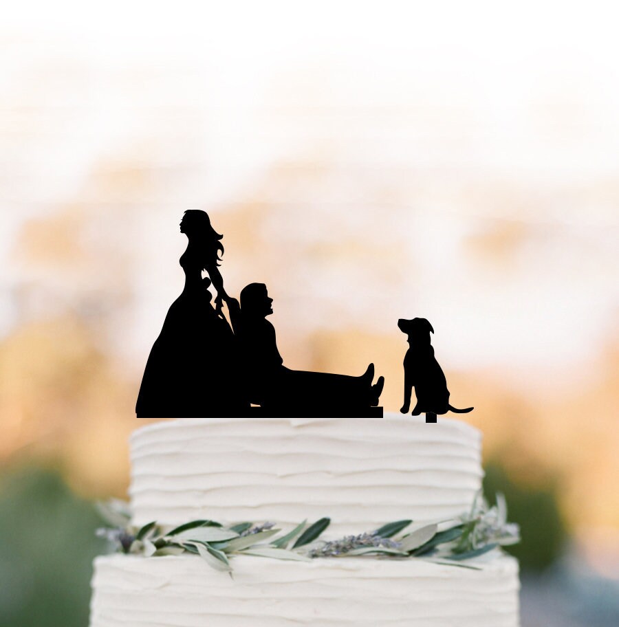 Funny Wedding Cake Topper With Dog Figurine, Unique Topper, Bride Dragging Groom Silhouette People