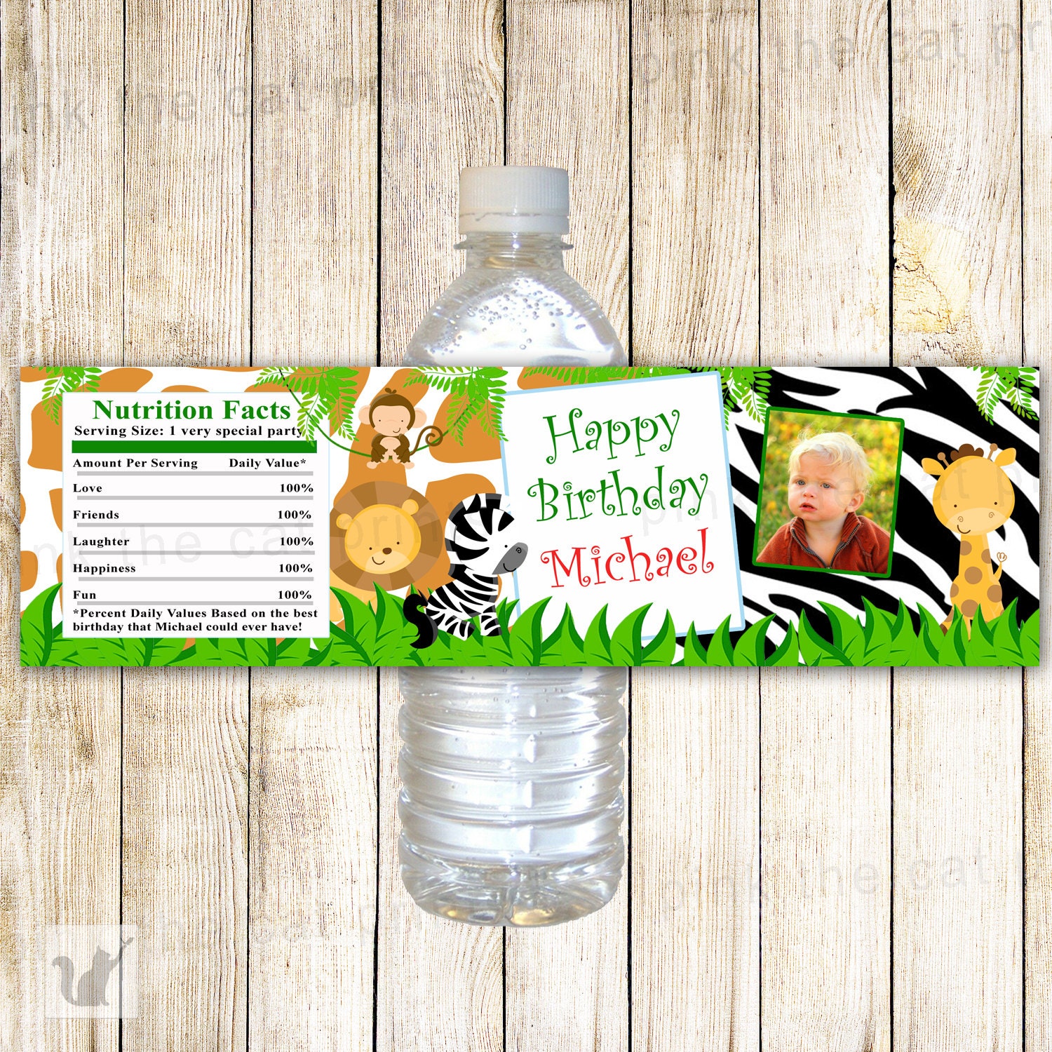 Jungle Bottle Label - Photo Wrapper Animals Baby Boy Birthday Printable Personalized