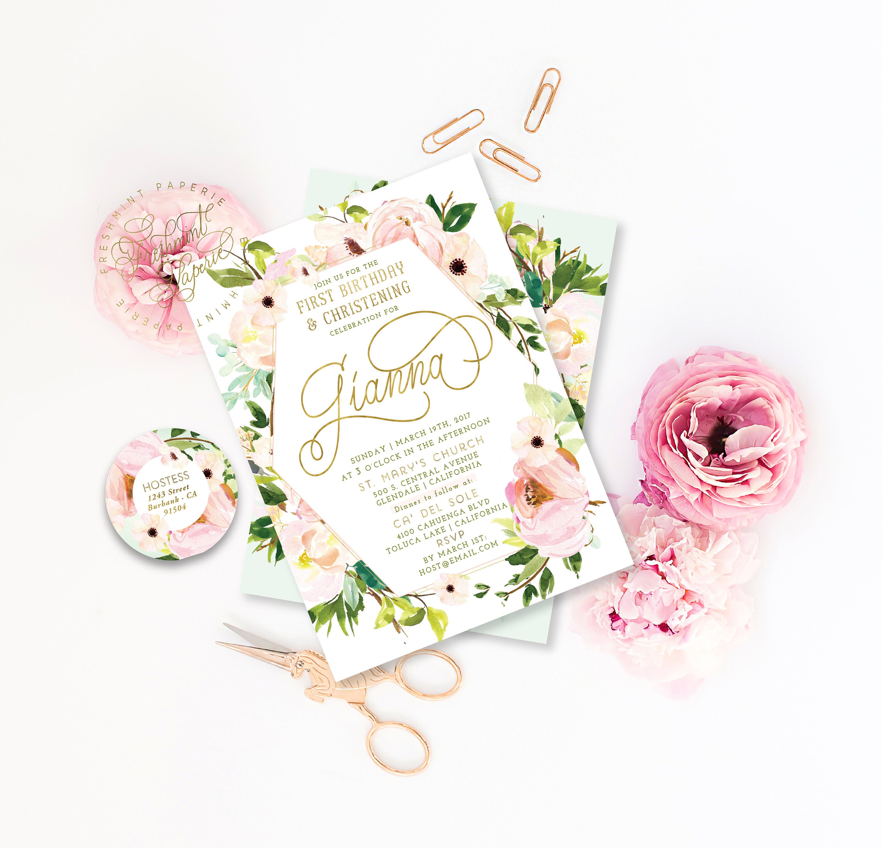 Printable Invitations | Baptism Invitation Calligraphy Floral Freshmint Paperie