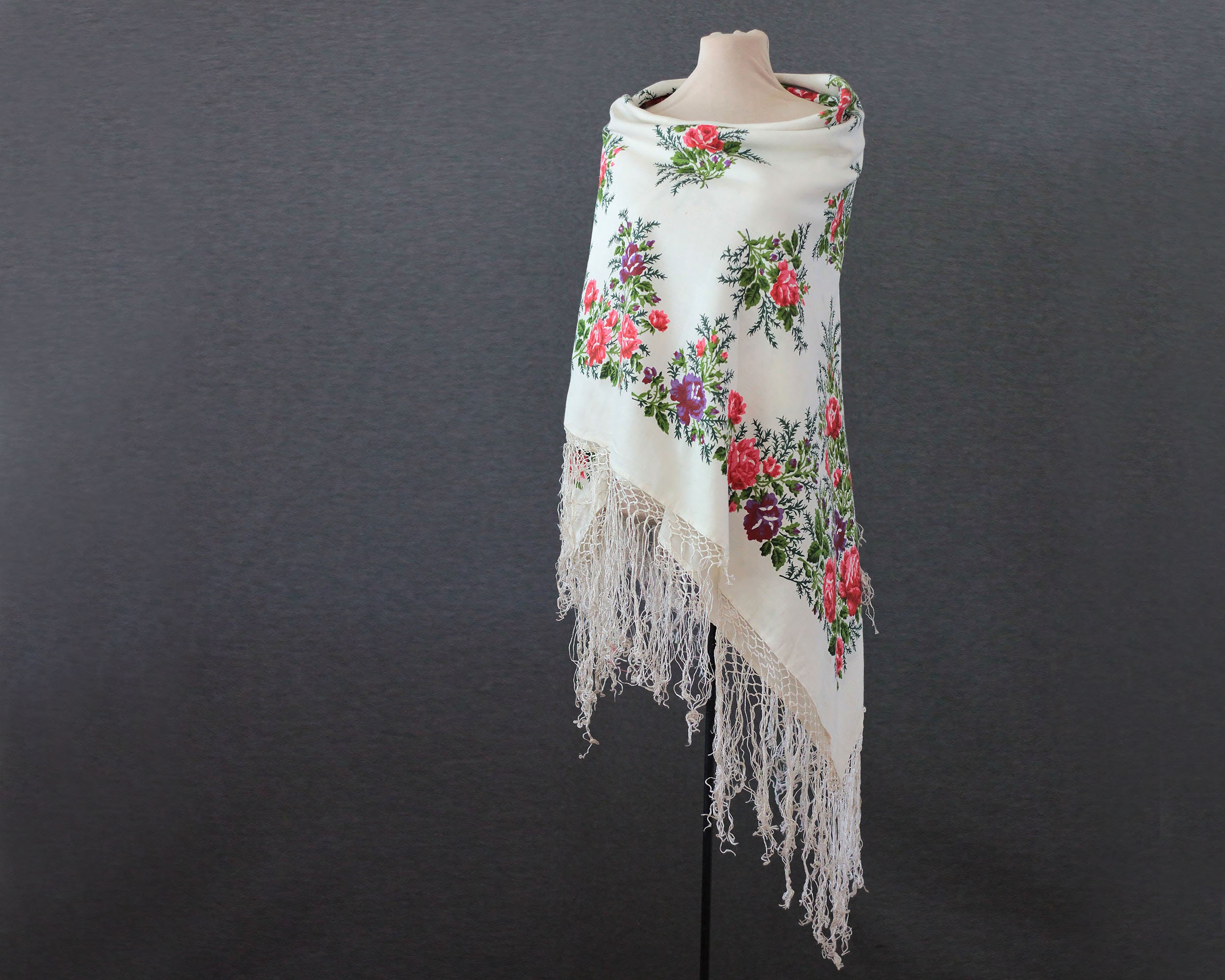 White Silk Blend Shawl With Roses, Russian Shawl, Blend, Cotton Floral White, Blue Pink, Botanical Summer