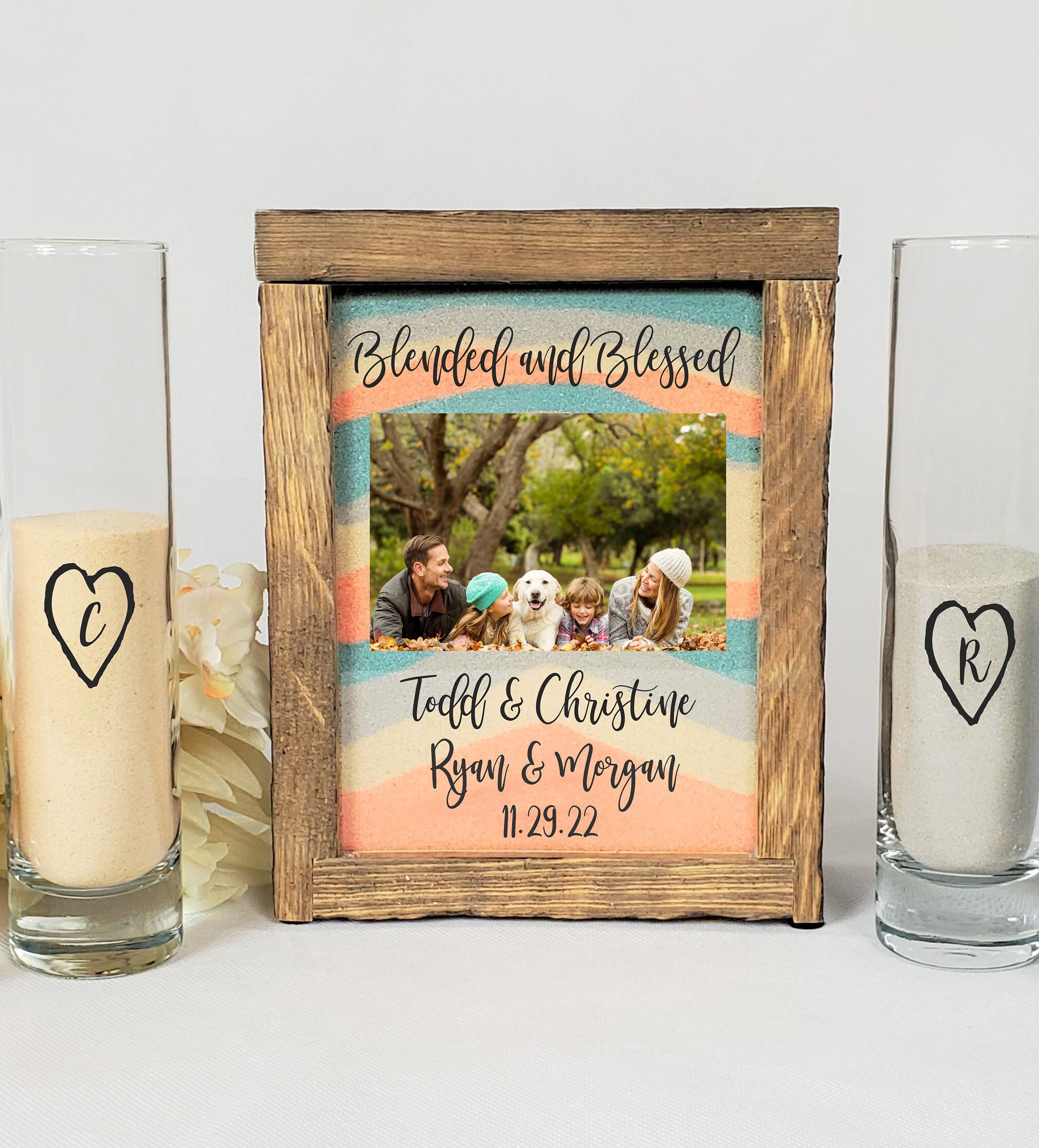 Sand Ceremony Set For Blended Family With Photo, Rustic Wedding Shadow Box Frame, Unity Candle Alternative, Beach Or Outdoor Decor