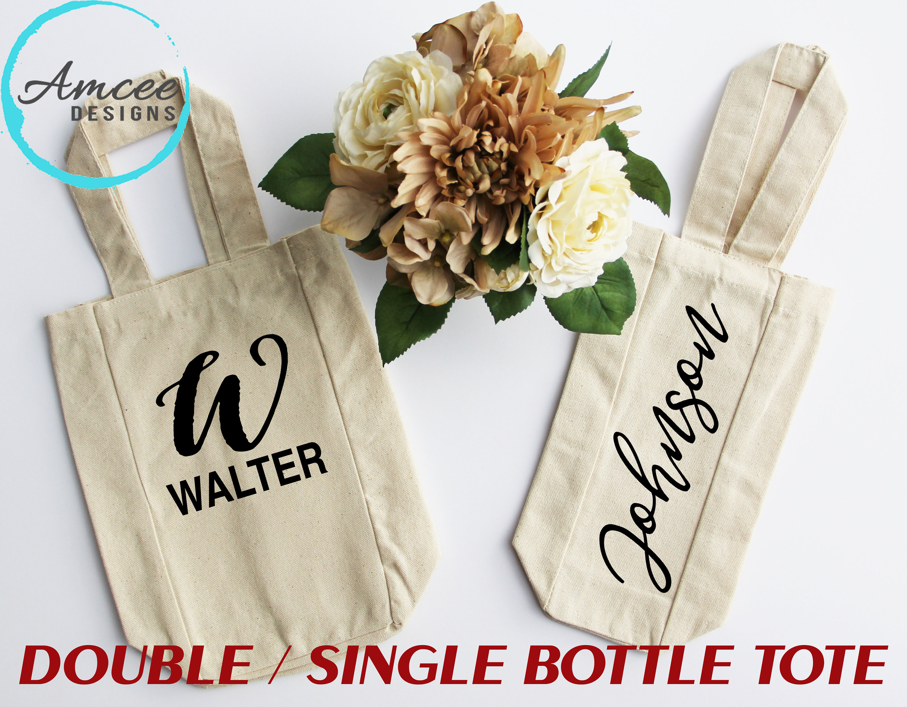 Personalized Wine Bottle Tote - Double & Single | Wedding Gift Lover Custom Carrier Tote Canvas Bag with Divider