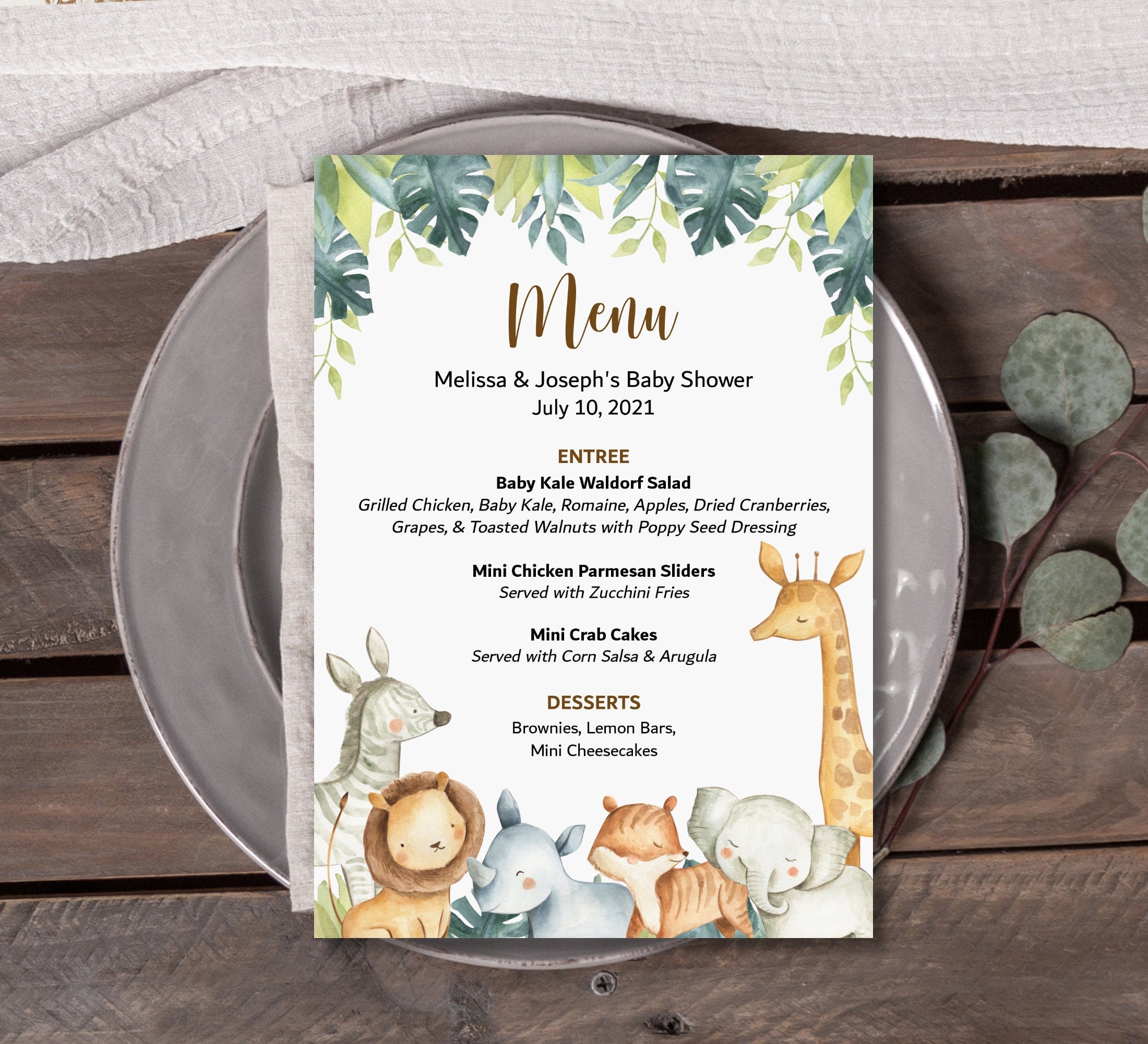 Menu Printable Jungle Baby Shower Animals Safari Birthday Wild One First Zoo Party Animal Personalized Sign Cards A7 C7