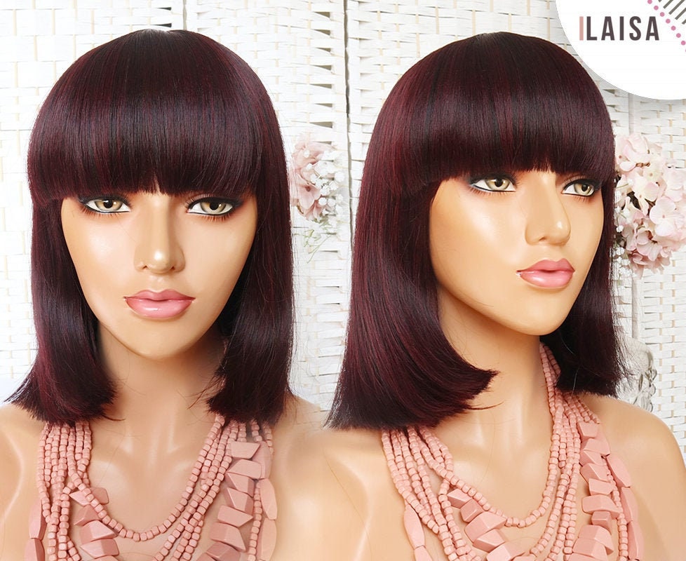 12 Inch Burgundy Blend Non Lace Wig With Bangs