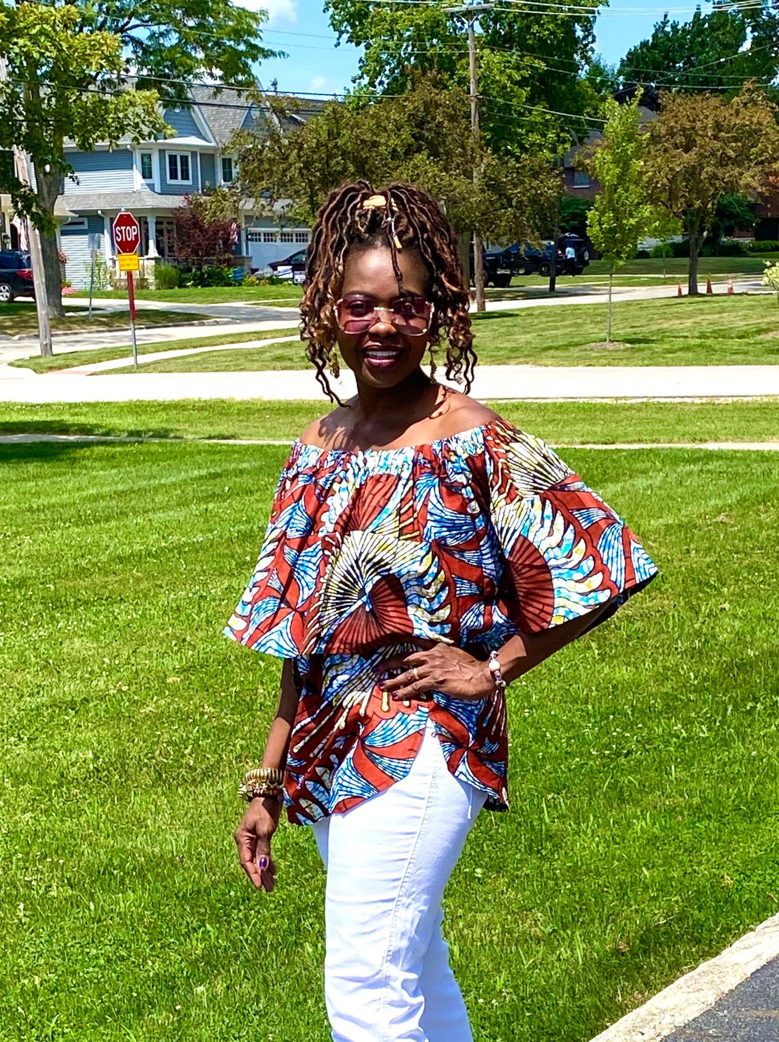 Women's Top Off The Shoulder African Wax Ankara Clothing Summer Blouse Brown Tops For Fall