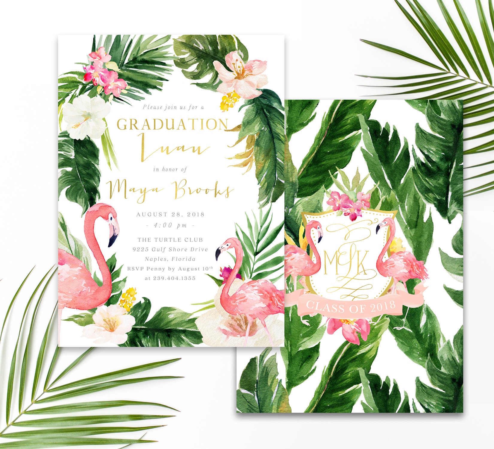Graduation Luau Party Invitation, Flamingo Invite, Summer Tropical Gold - Maya