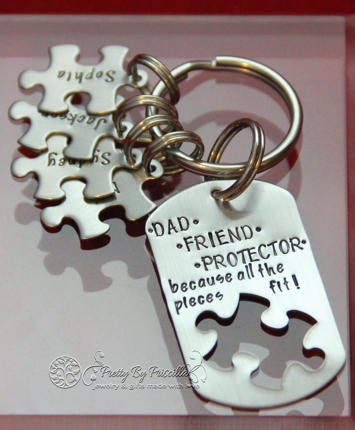 Blended Family Father's Day Gift - Step Dad- Personalized Hand Stamped Stainless Steel Dog Tag Keychain With Mini Puzzle Pieces