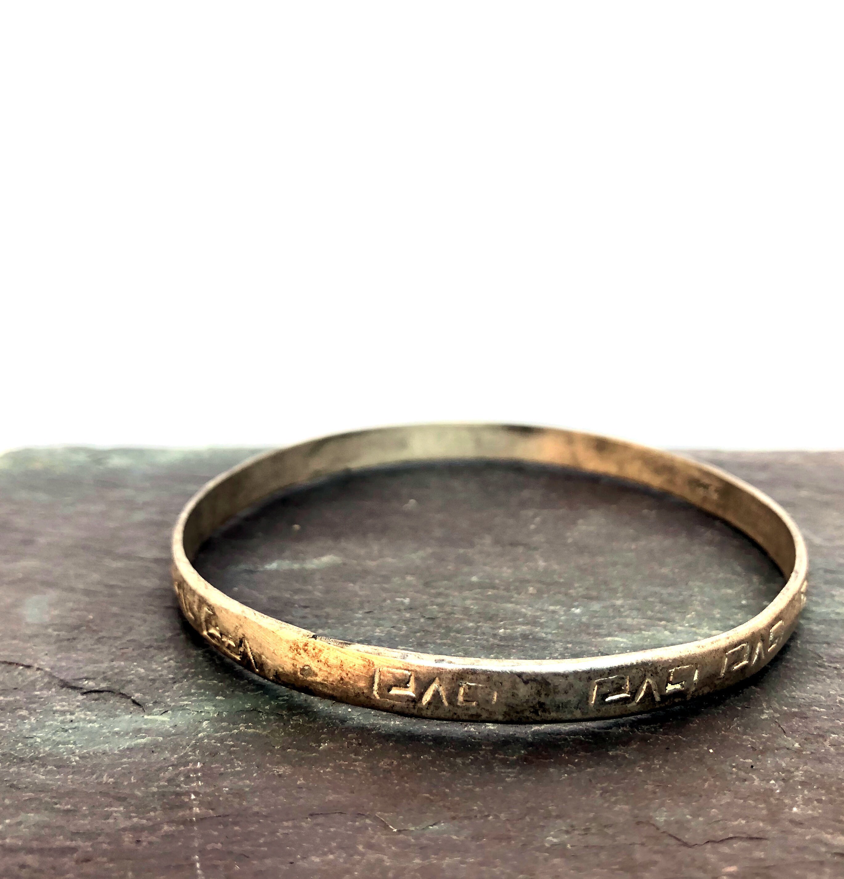 Vintage Bangle Bracelet Alpaca Silver Etched Ram Horn Design Abstracted Mexican Alloy Metal Jewelry Inca Look Pattern Thin Alpacca