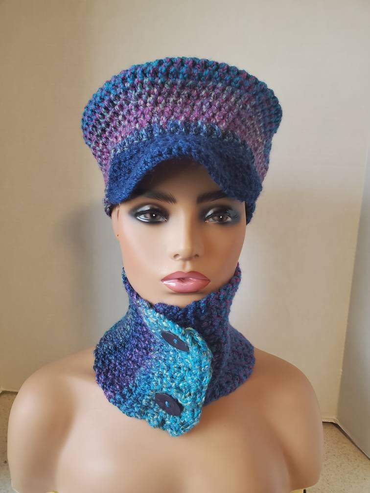 Blue Blend Captain's Hat Scarf Crocheted - Neckwarmer Scarf- Cowl- Matching Hat- Crochet Set