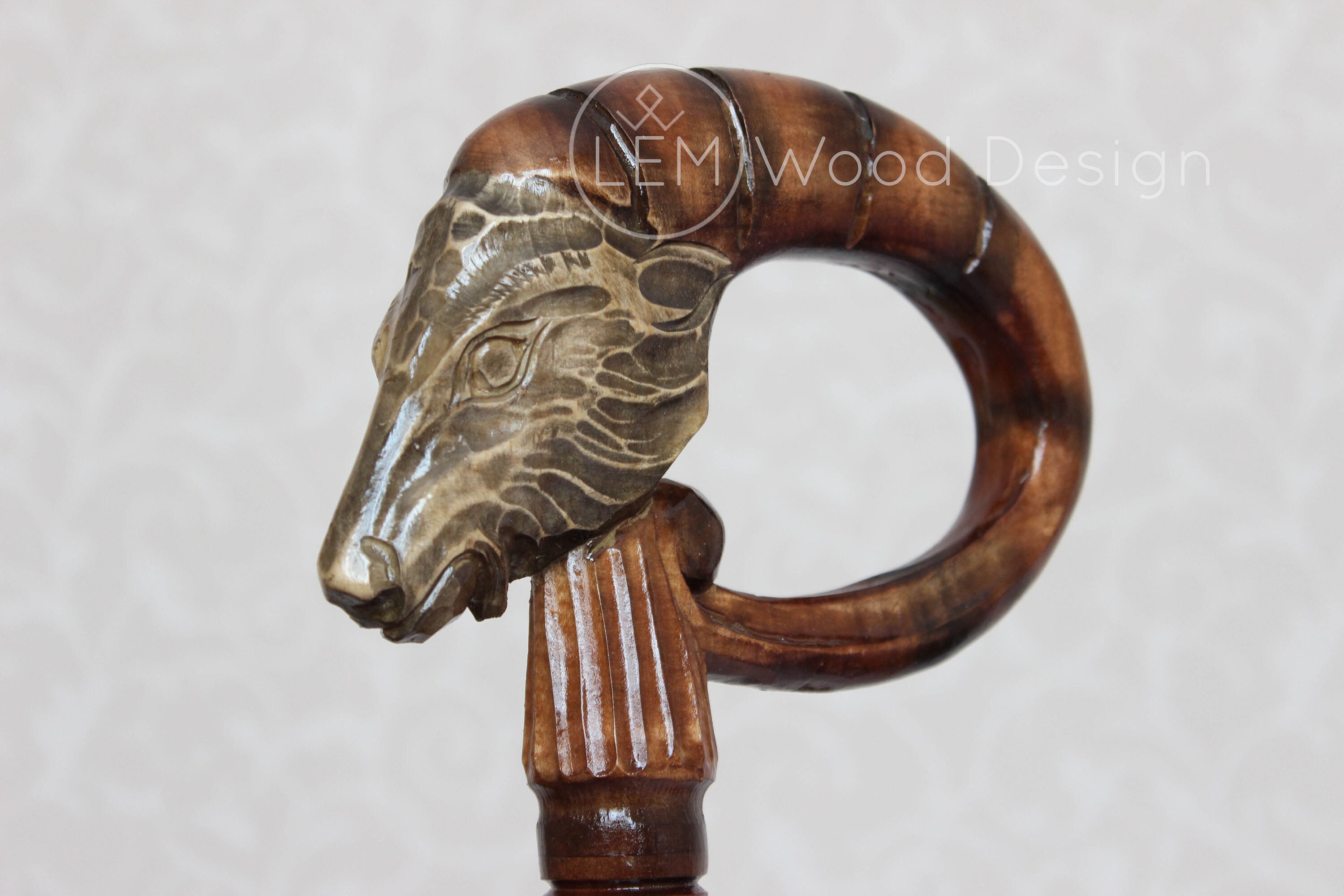 Walking Cane Wooden Ram Carved Handle Wood Craft Staff Hiking Sticks Hand Carved From Ukraine Gift Canes & Walking