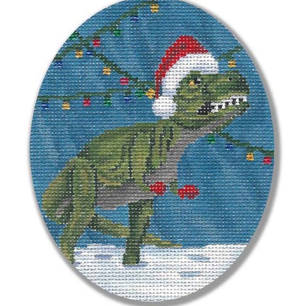 Needlepoint Handpainted Christmas Cbk Holiday Dino Dinosaur 4x5 -Free Us Shipping
