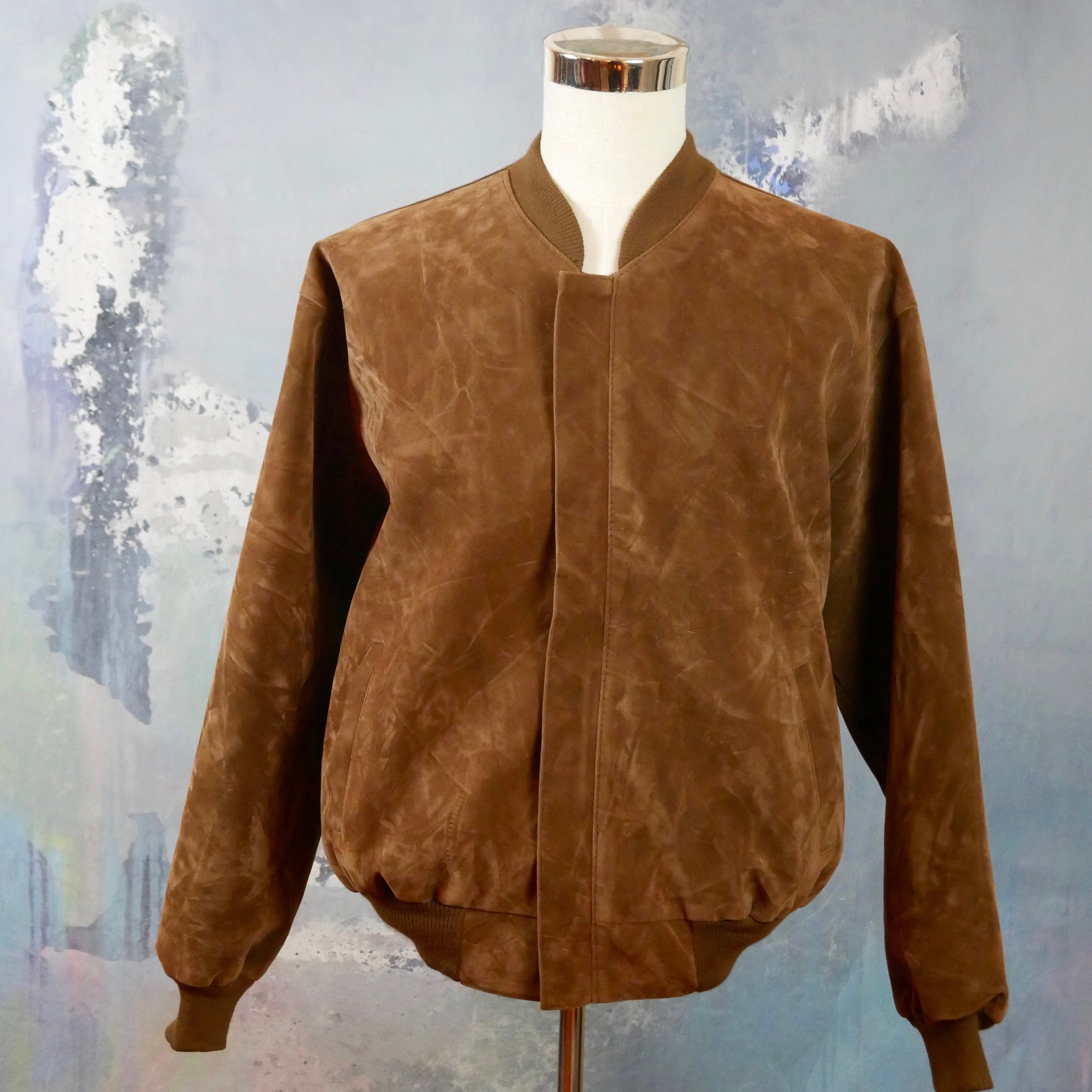 Brown Faux Suede Jacket, 1990S Italian Vintage Zip Up Dark Tan Vegan Leather Bomber Retro Menswear Size Xxl | 48 To 50 Us/Uk