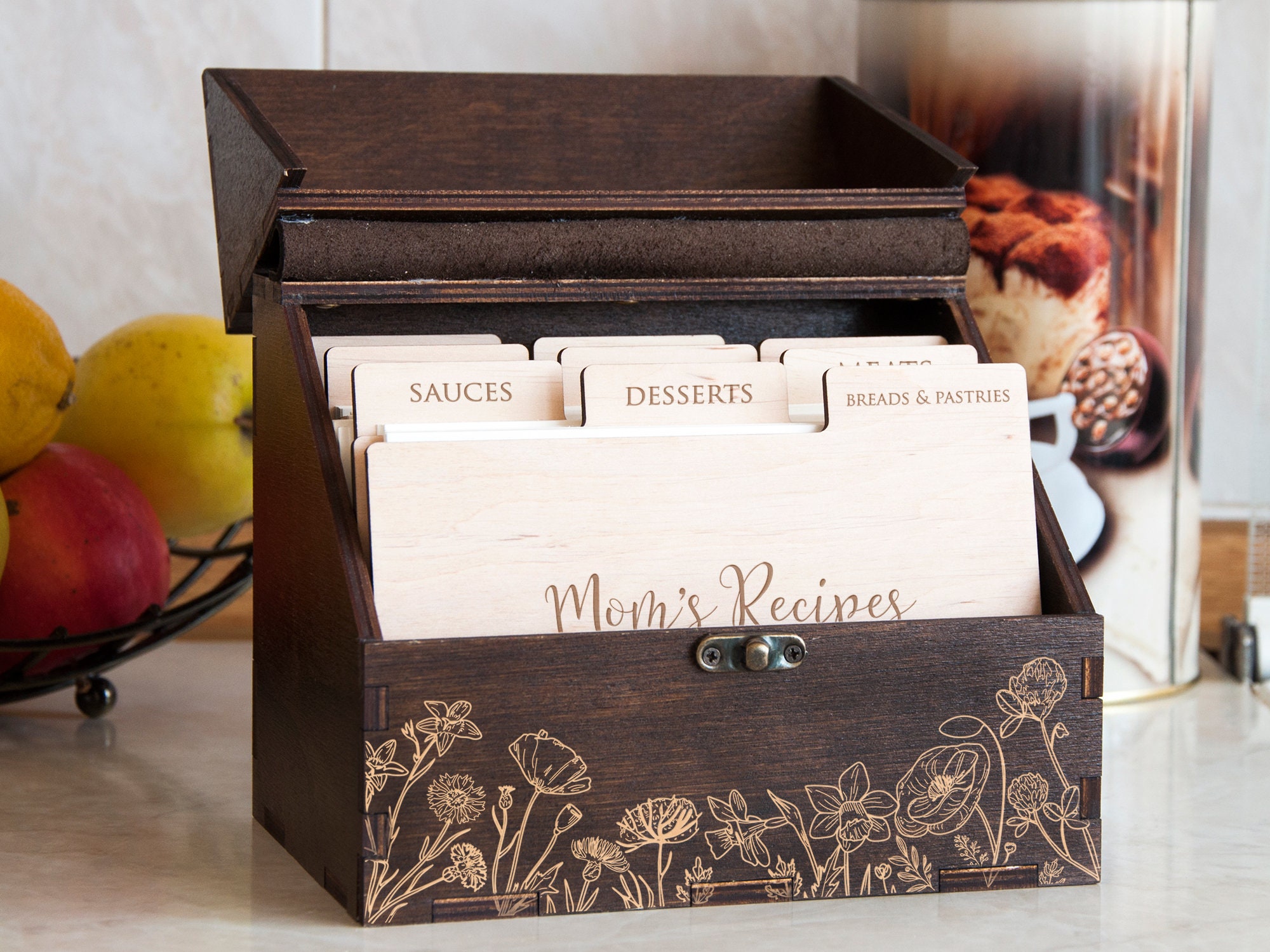 Personalized Recipe Box With Wooden Dividers Gift For Mom Floral Grandmother Engraved Card Wood Kitchen Decor