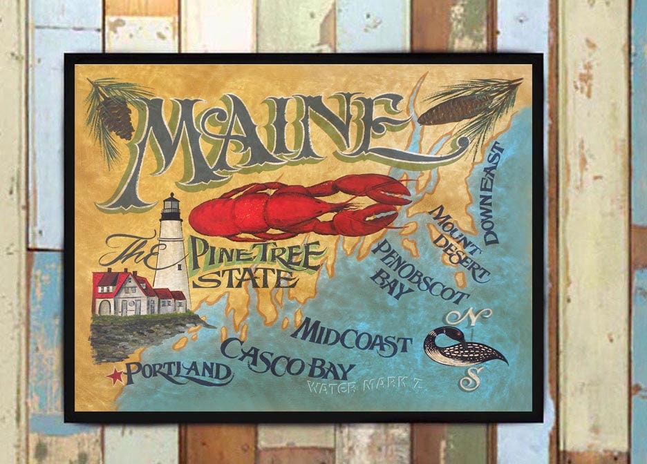 Maine Retro Style Map Print From An Original Hand Painted & Lettered Sign. Beach House Decor, Lobster, Lighthouse, Pine Tree State
