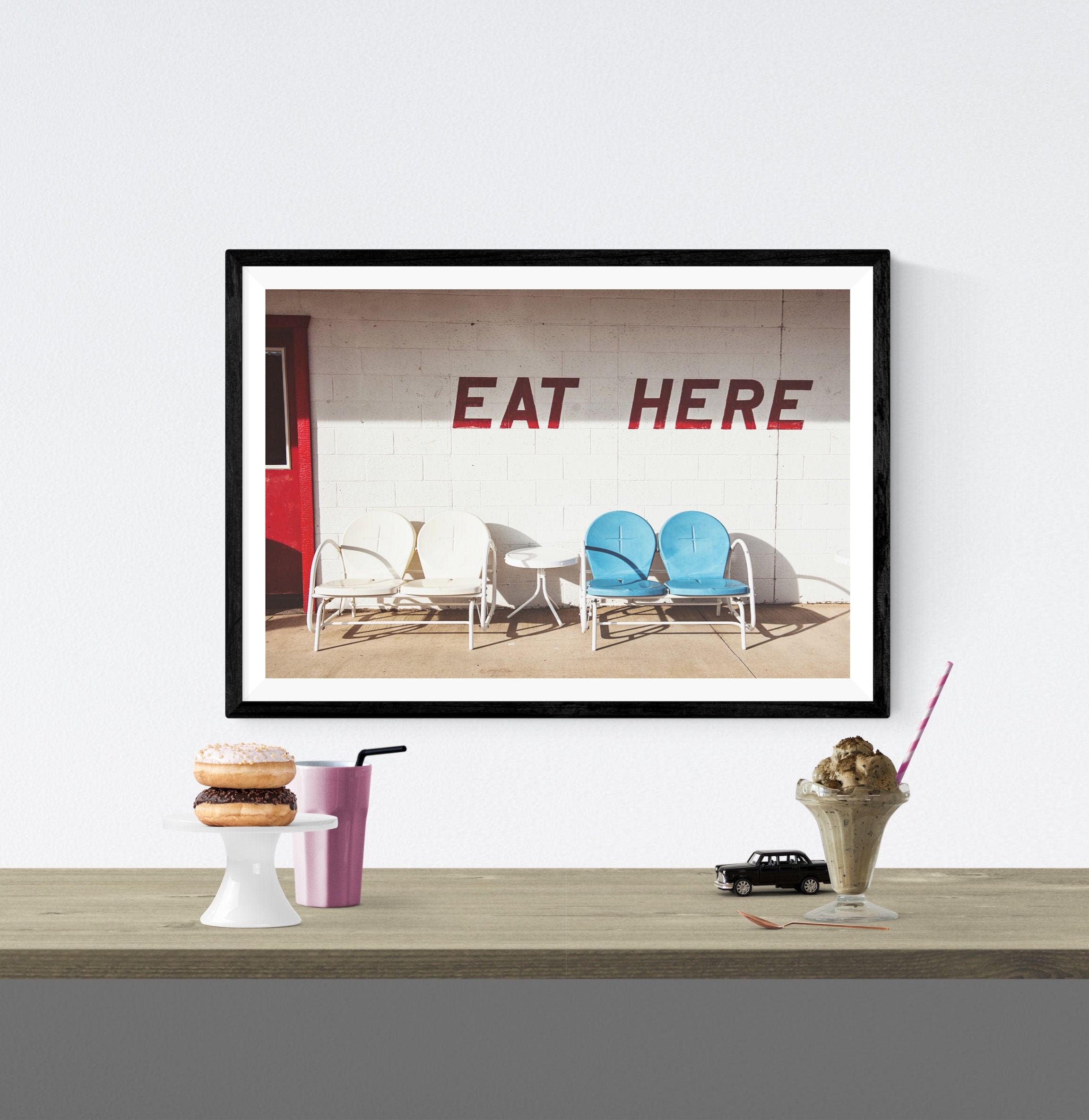 Eat Here Kitchen Decor, Statement Wall Art, Vintage Sign, Kitschy Americana Photograph