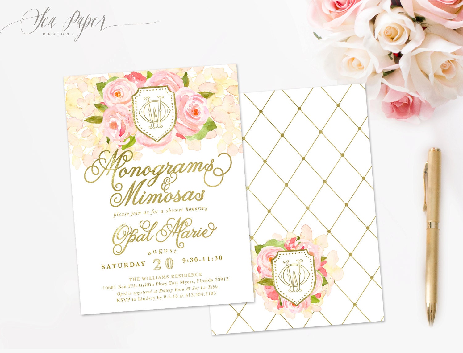 Monograms & Mimosas Bridal Shower Invitation Monogram Invite Roses, Hydrangeas Southern Invite, Digital Or Printed - Opal