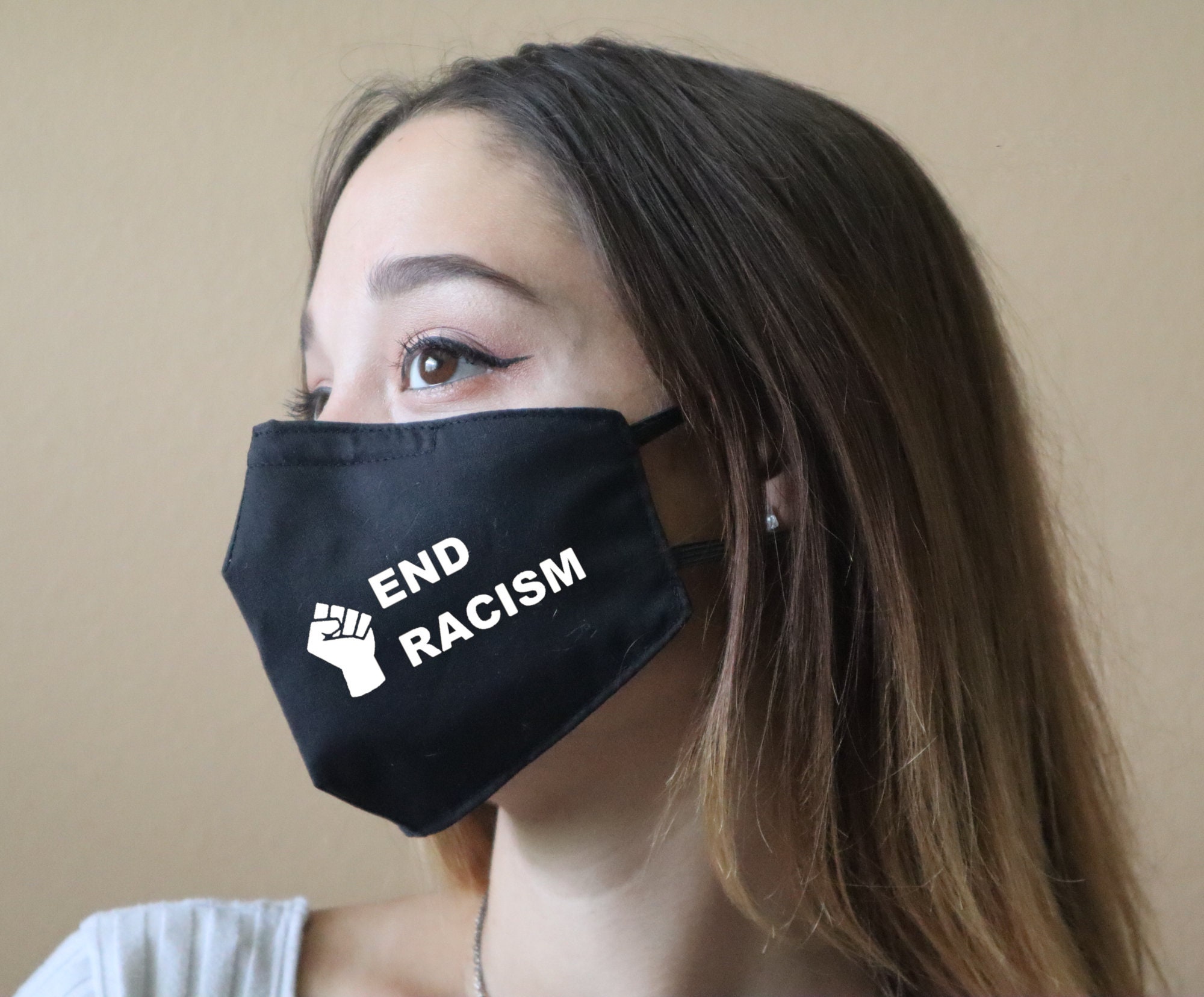 Handmade Cotton Blend Customizable Face Masks With Adjustable Ear-Loops - End Racism Adult Small 8 X 5"