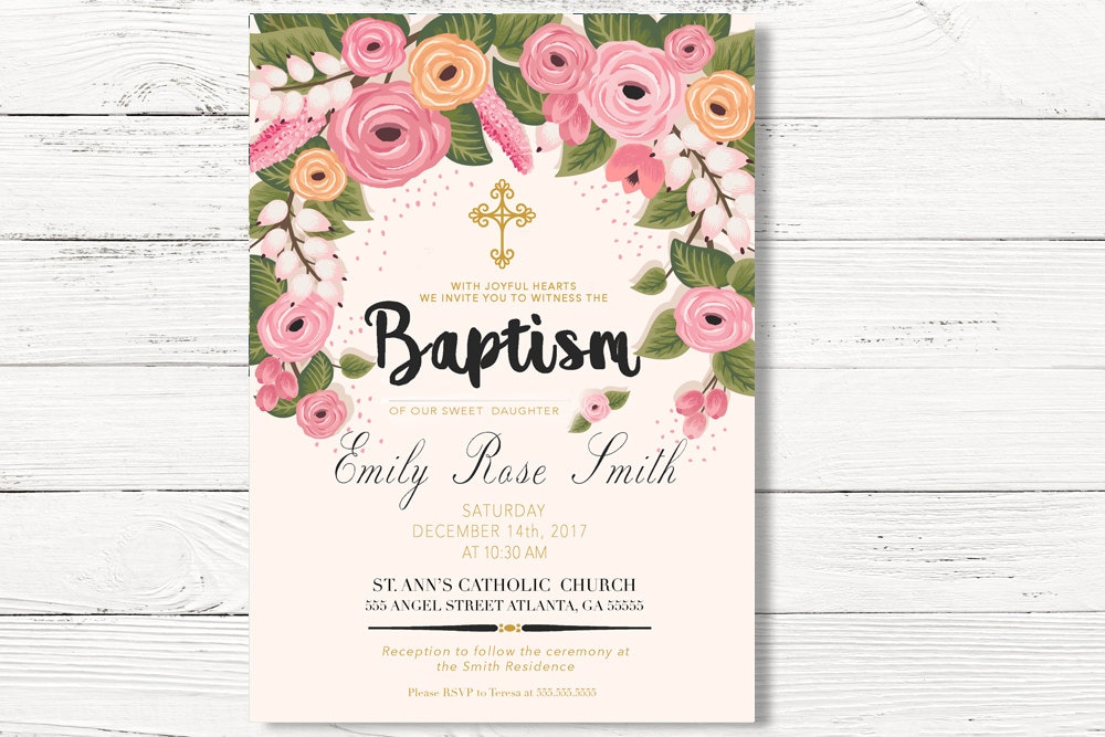 Baptism Invitation, Floral Invite, First Holy Communion Flowers Christening Religious Card, C024